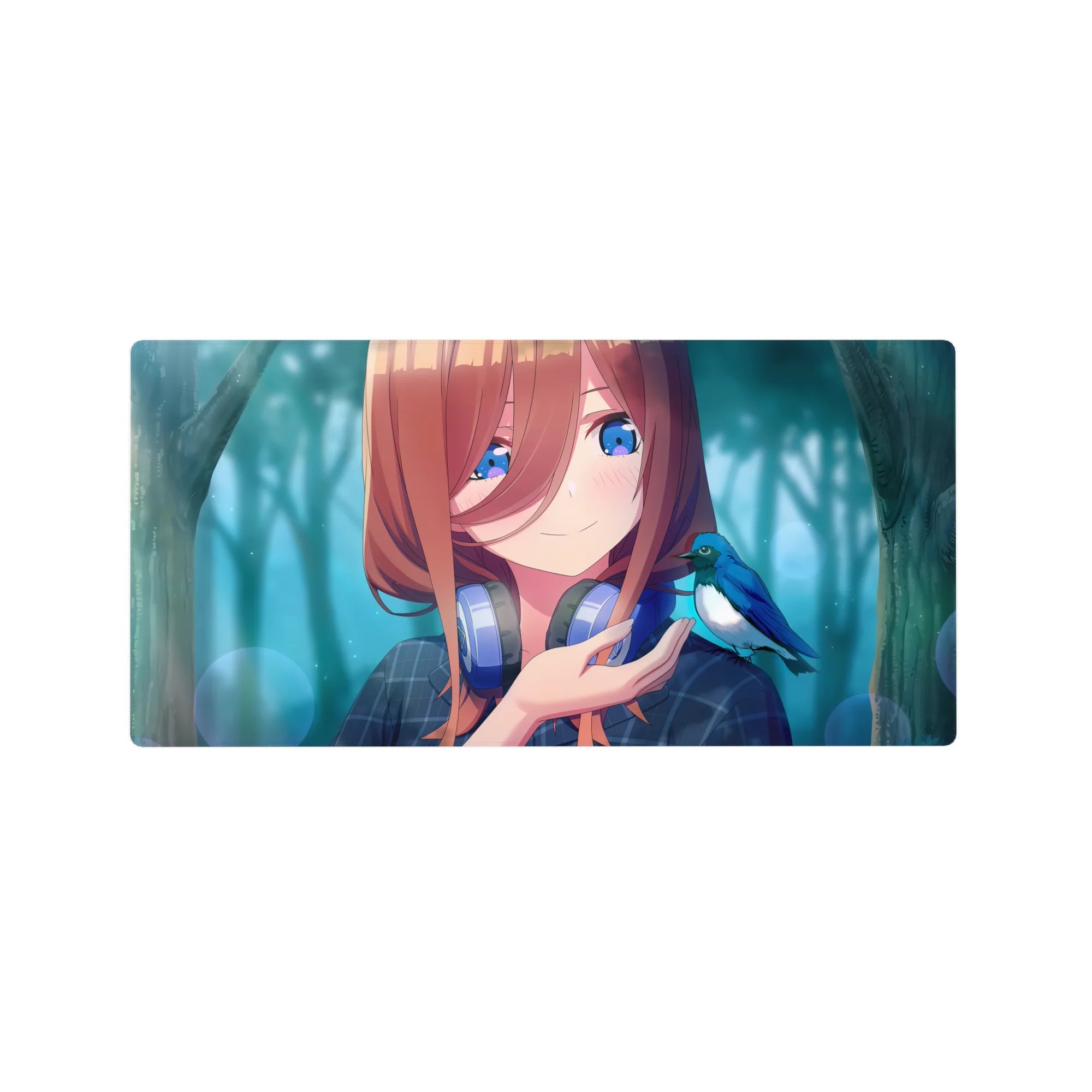 32x16 inches anime girl mouse pad with copper hair, silver headphones, plaid top, and blue bird.