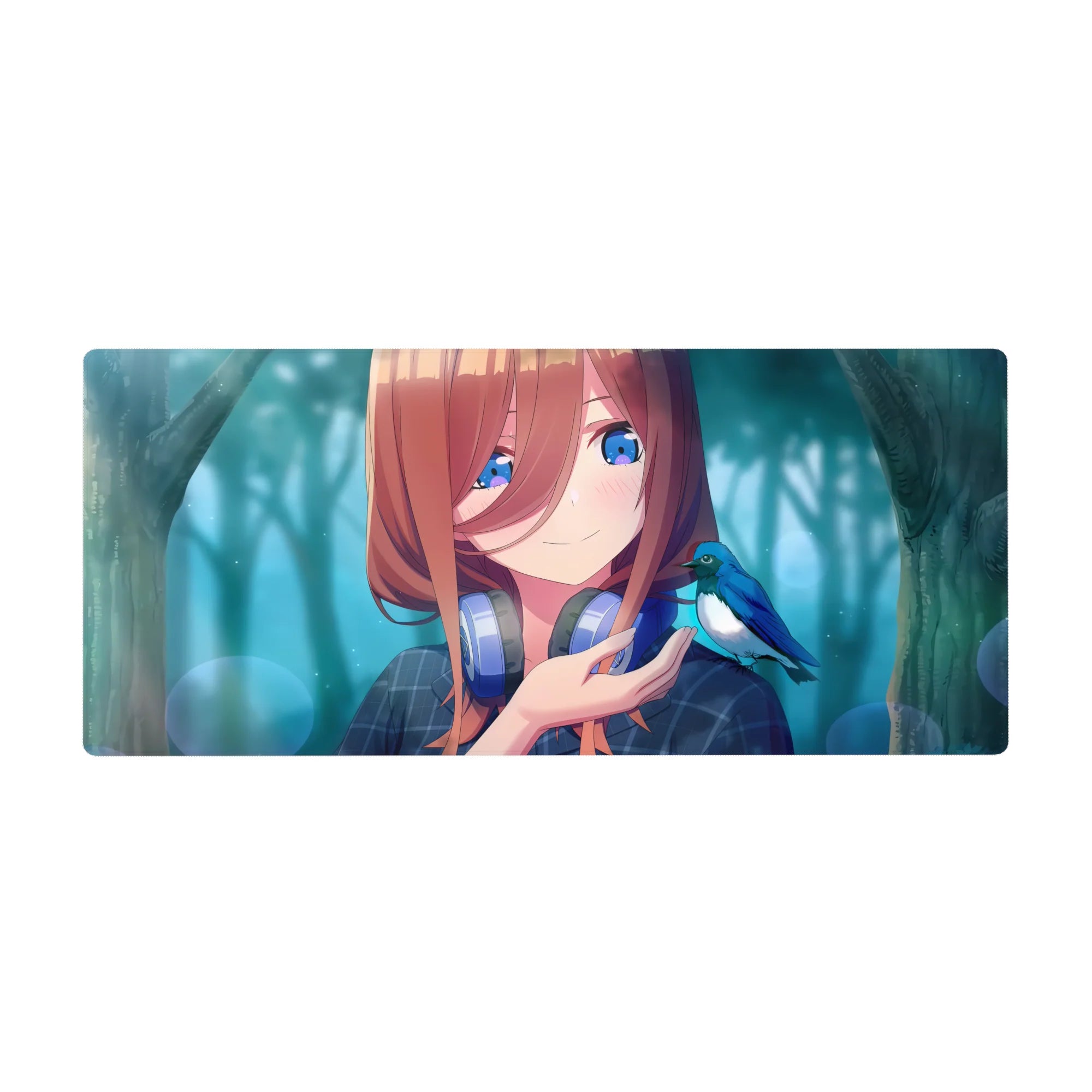 Anime girl desk pad 36x16 inches with teal forest haze, bokeh glow, plaid top and silver headphones.