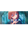 Anime girl desk pad 36x16 inches with teal forest haze, bokeh glow, plaid top and silver headphones.