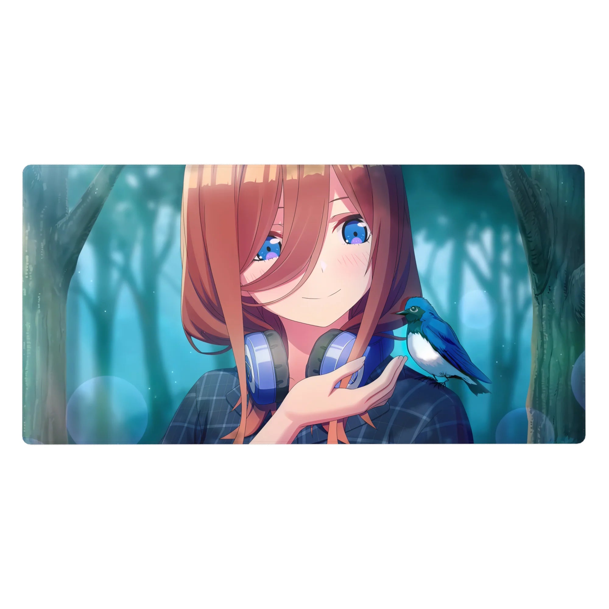 Anime girl desk pad 40x20 inches with teal forest haze, plaid top, silver headphones, blue bird.