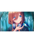 Anime girl desk pad 40x20 inches with teal forest haze, plaid top, silver headphones, blue bird.