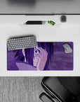 Anime mouse pad 28x12 inches featuring Sasuke Uchiha from Naruto with Mangekyō Sharingan, purple stormy design.