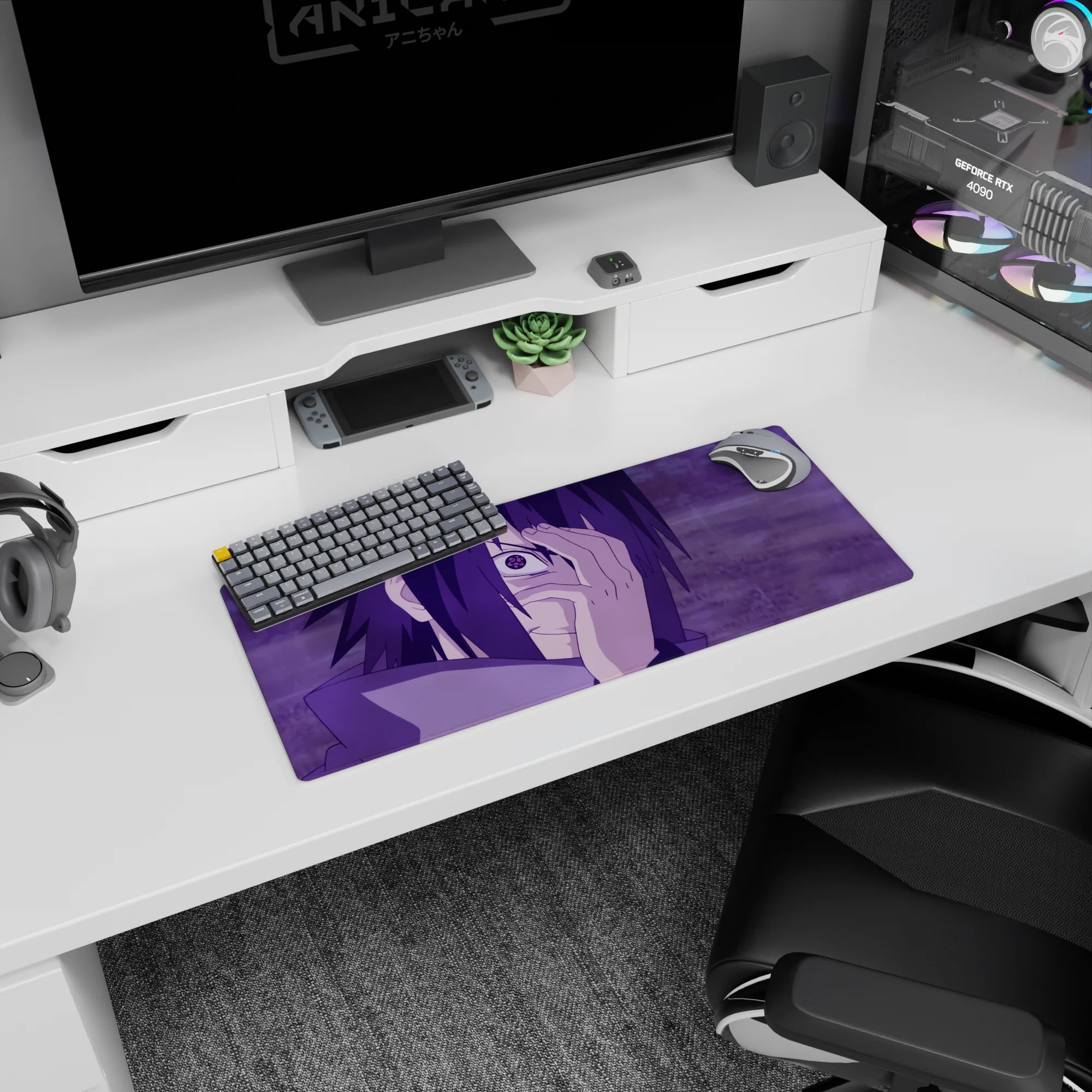 Anime mouse pad featuring Sasuke Uchiha from Naruto, with Mangekyō Sharingan, 28x12 inches, vibrant purple hues.