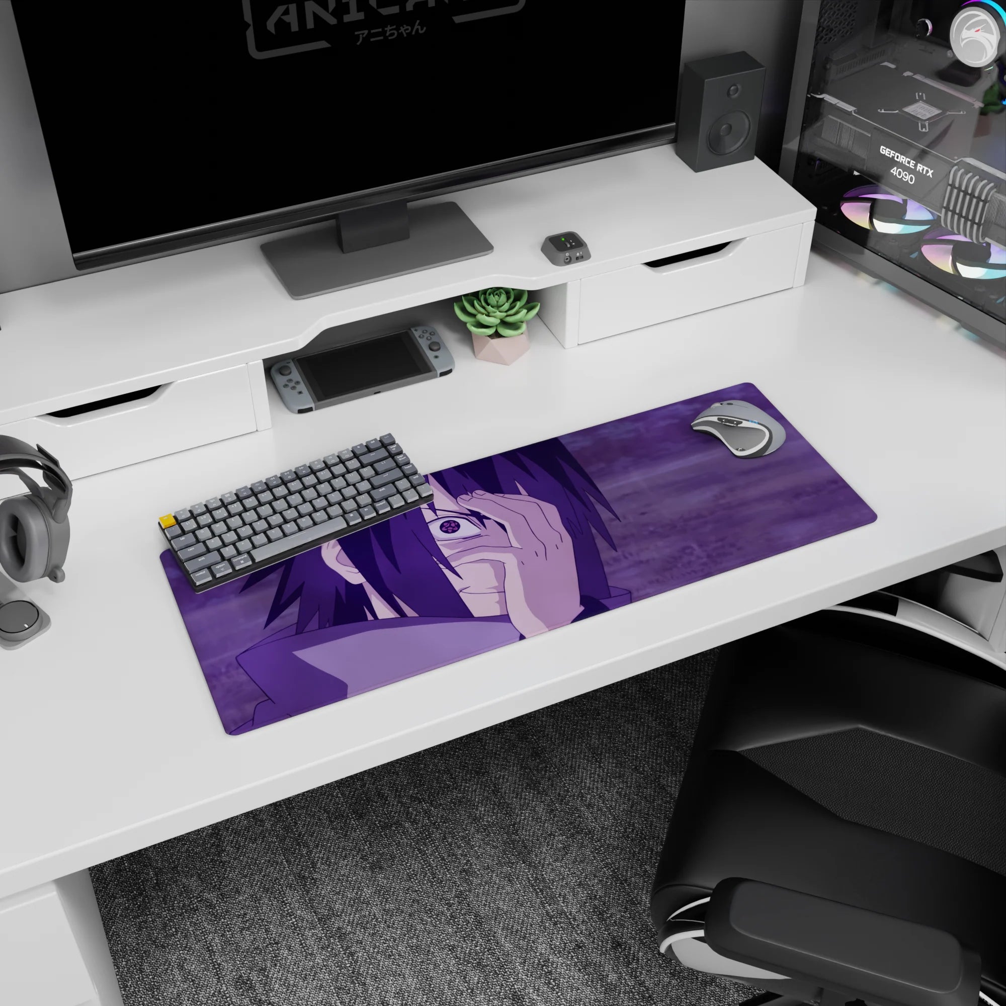 Sasuke Uchiha from Naruto anime mouse pad, 32x12 inches, with Mangekyō Sharingan, purple tones, intense and dynamic design.