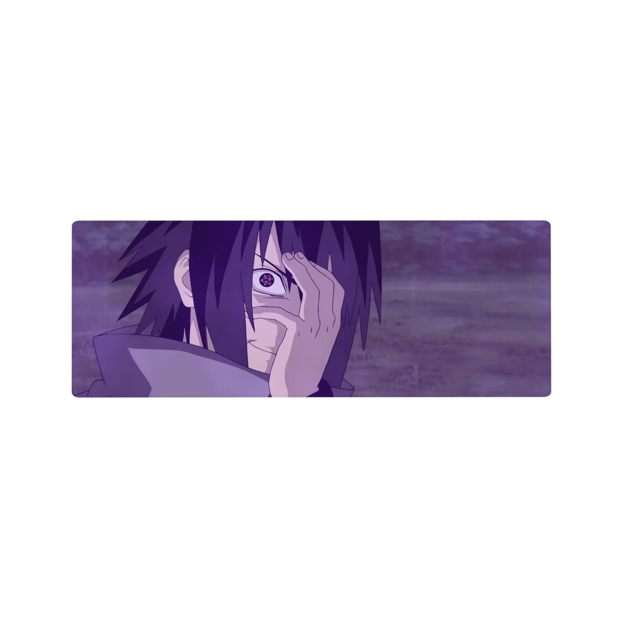 Sasuke Uchiha with Mangekyō Sharingan from Naruto on 32x12 inches anime mouse pad, purple hues, intense and electrifying.