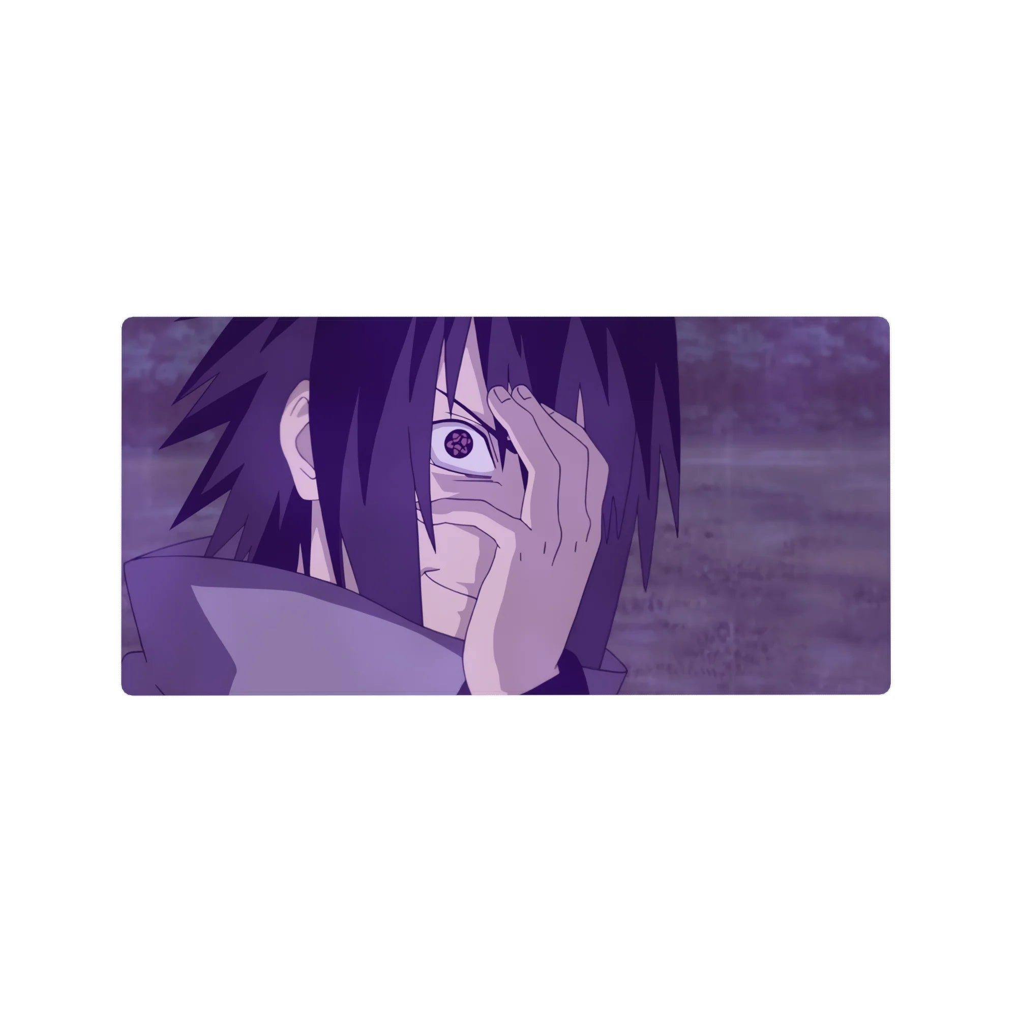 Sasuke Uchiha from Naruto on 32x16 inch anime mouse pad, showcasing Mangekyō Sharingan and purple stormy background.