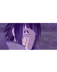 Sasuke Uchiha with Mangekyō Sharingan from Naruto on a 36x16 inch anime desk pad, intense purple storm scene.