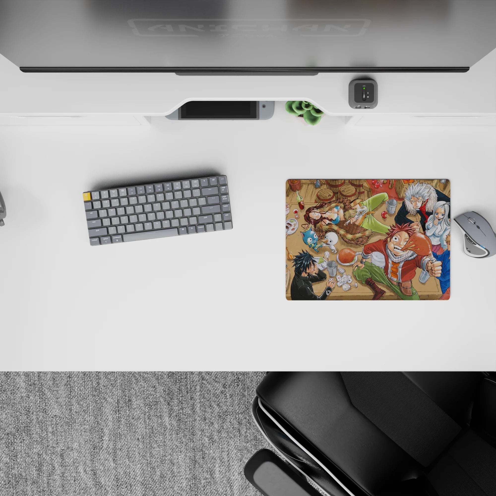 Warm reds and sandy browns classic anime mouse pad, 14x10 inches, cozy tavern energy with blue Happy pop.