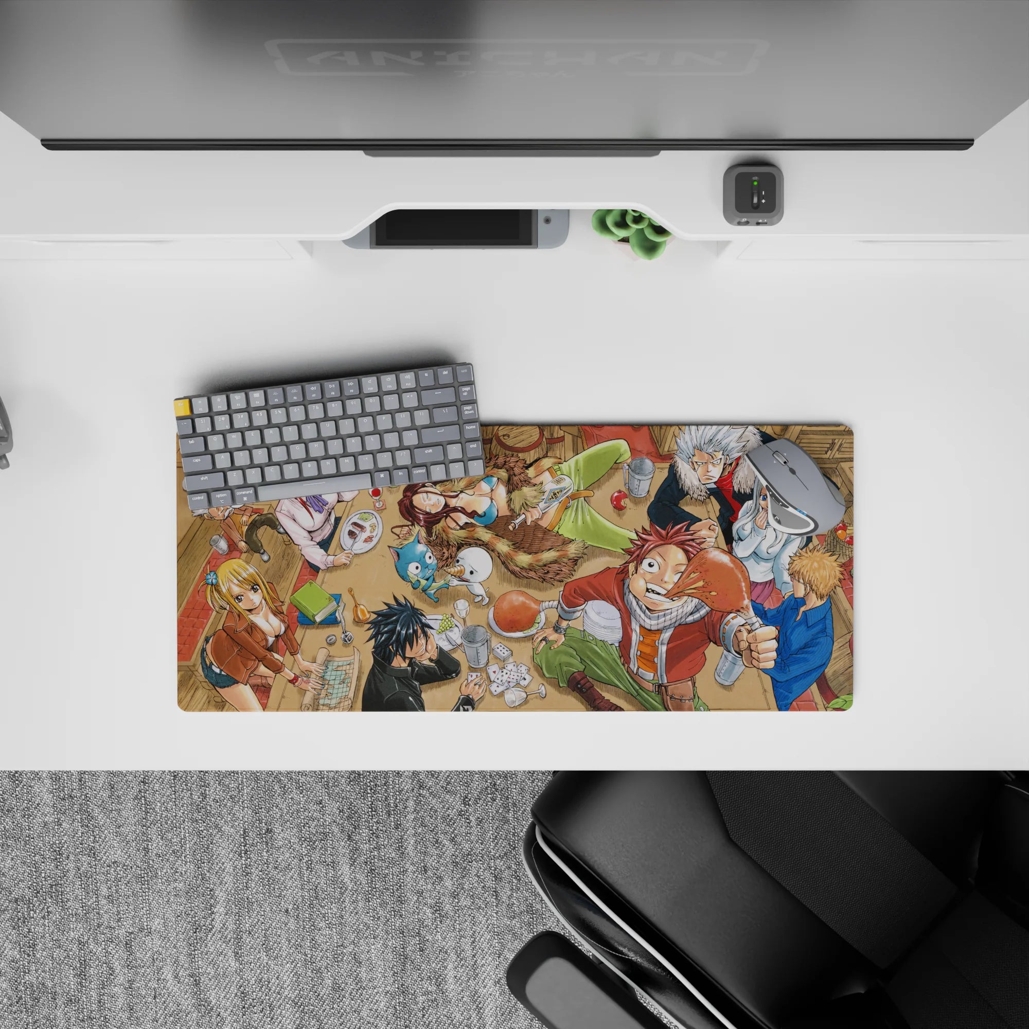 Warm reds and sandy wood tones anime mouse pad 28x12 inches, lively tavern vibes with mug-clink energy.
