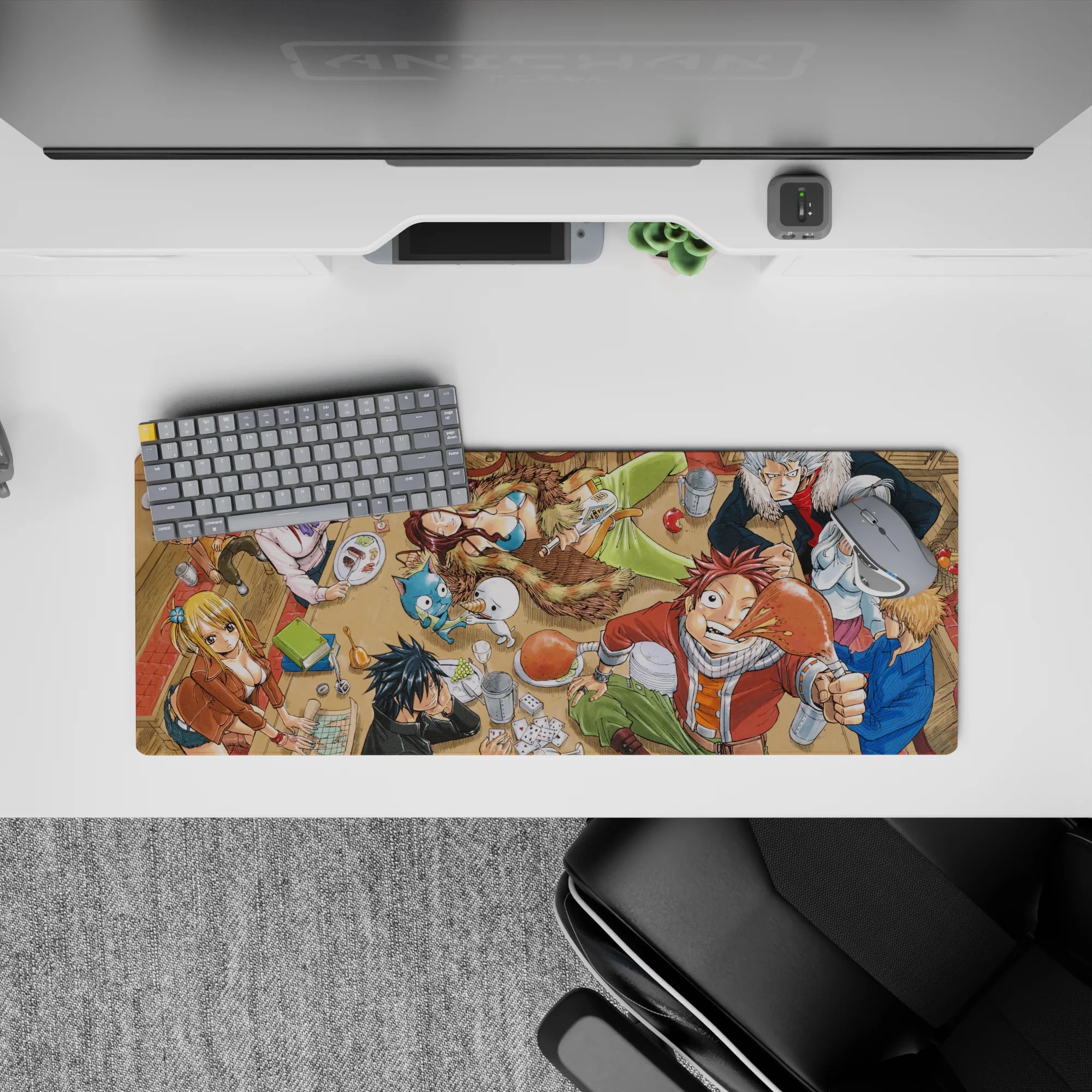 Warm red and sandy brown anime mouse pad 32x12 inches, cozy tavern party vibe with crisp linework.