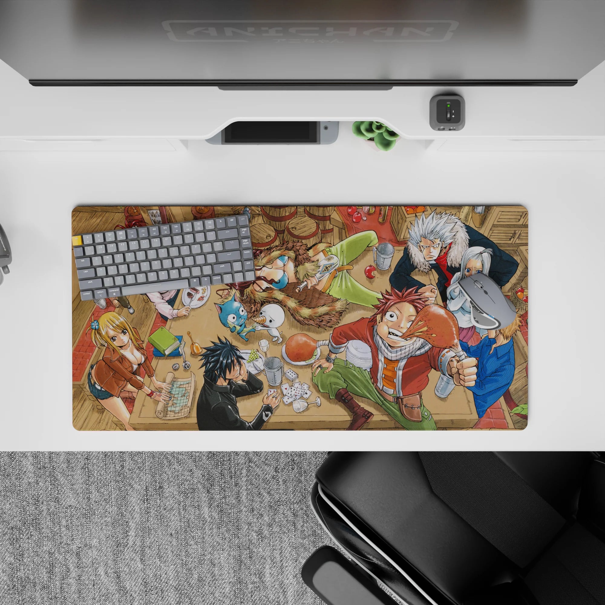 Cozy red and sandy brown tavern scene anime mouse pad 32x16 inches with bright blue Happy accents.
