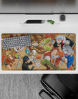 Cozy red and sandy brown tavern scene anime mouse pad 32x16 inches with bright blue Happy accents.