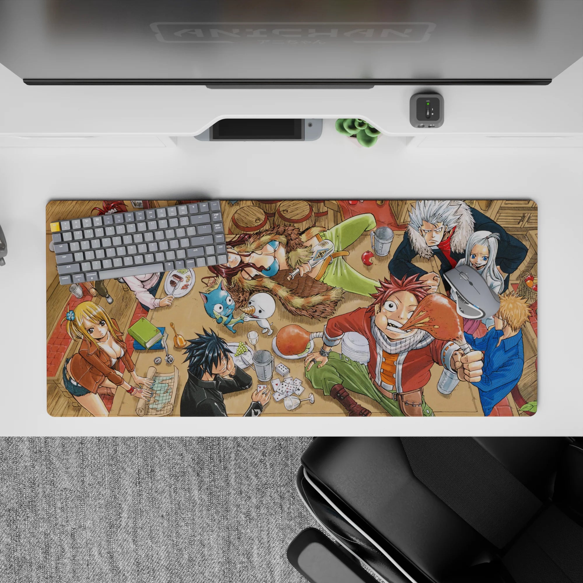 Warm red and sandy brown anime desk pad 36x16 inches with cozy guild party vibe and crisp linework.