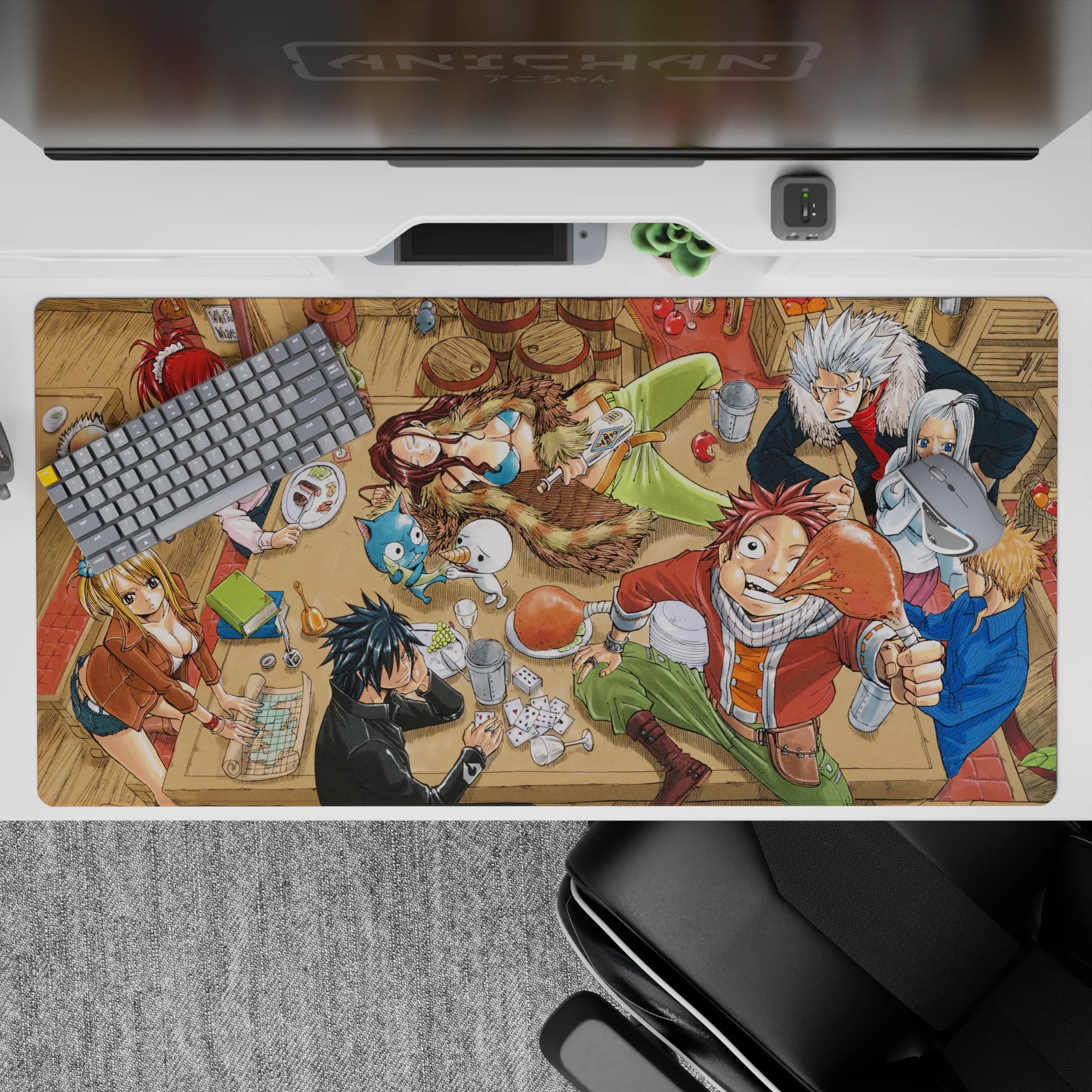 Warm red and sandy brown anime desk pad 40x20 inches with cozy tavern vibe and blue Happy accents.