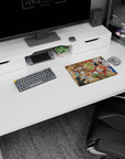 Natsu with turkey leg and Lucy leaning in classic anime mouse pad, 14x10 inches, lively guild table scene.