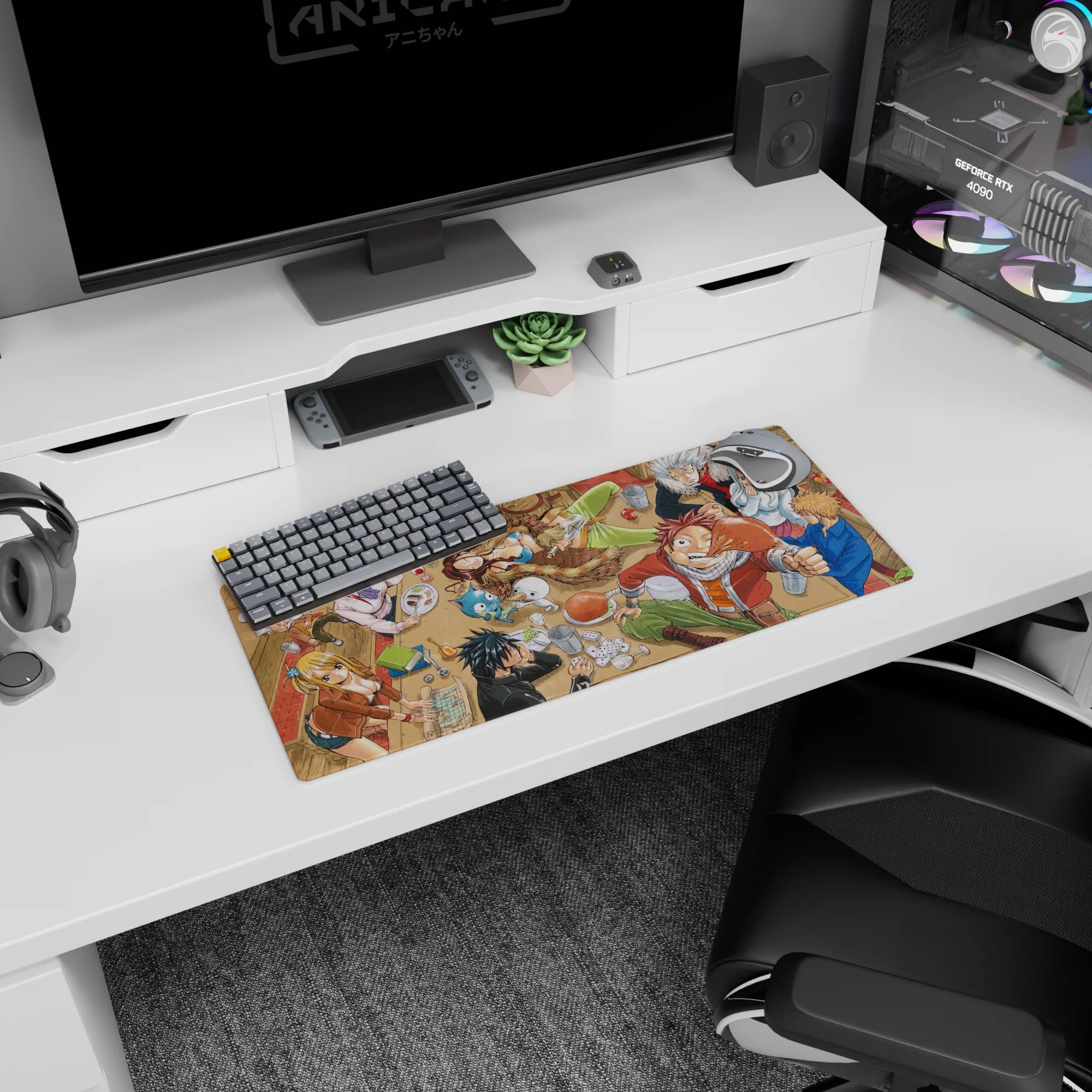 Natsu grinning with a turkey leg beside confident Lucy anime mouse pad 28x12 inches in wooden tavern.