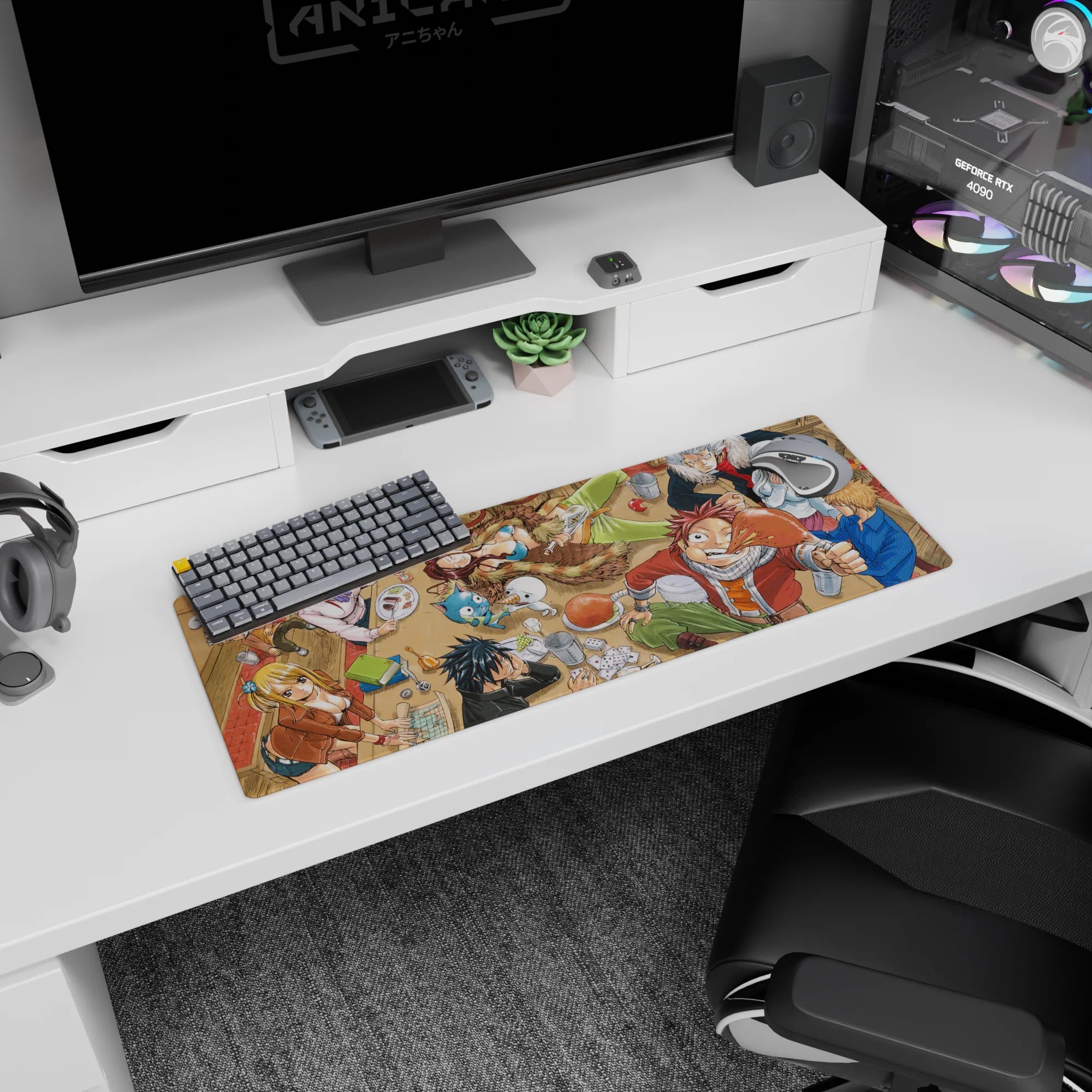 Natsu with a giant turkey leg and Lucy leaning in anime mouse pad 32x12 inches, guild tavern scene.