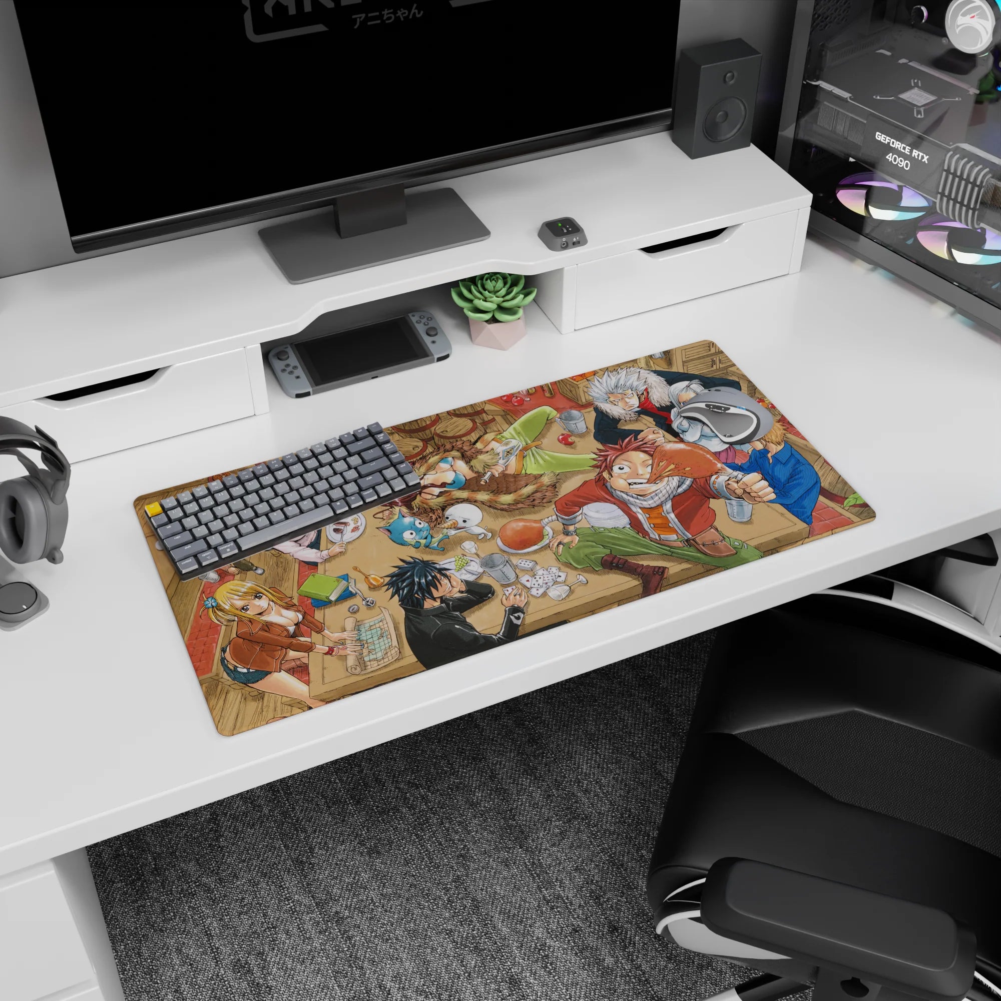 Natsu with a turkey leg and Lucy leaning in on a Fairy Tail anime mouse pad 32x16 inches.