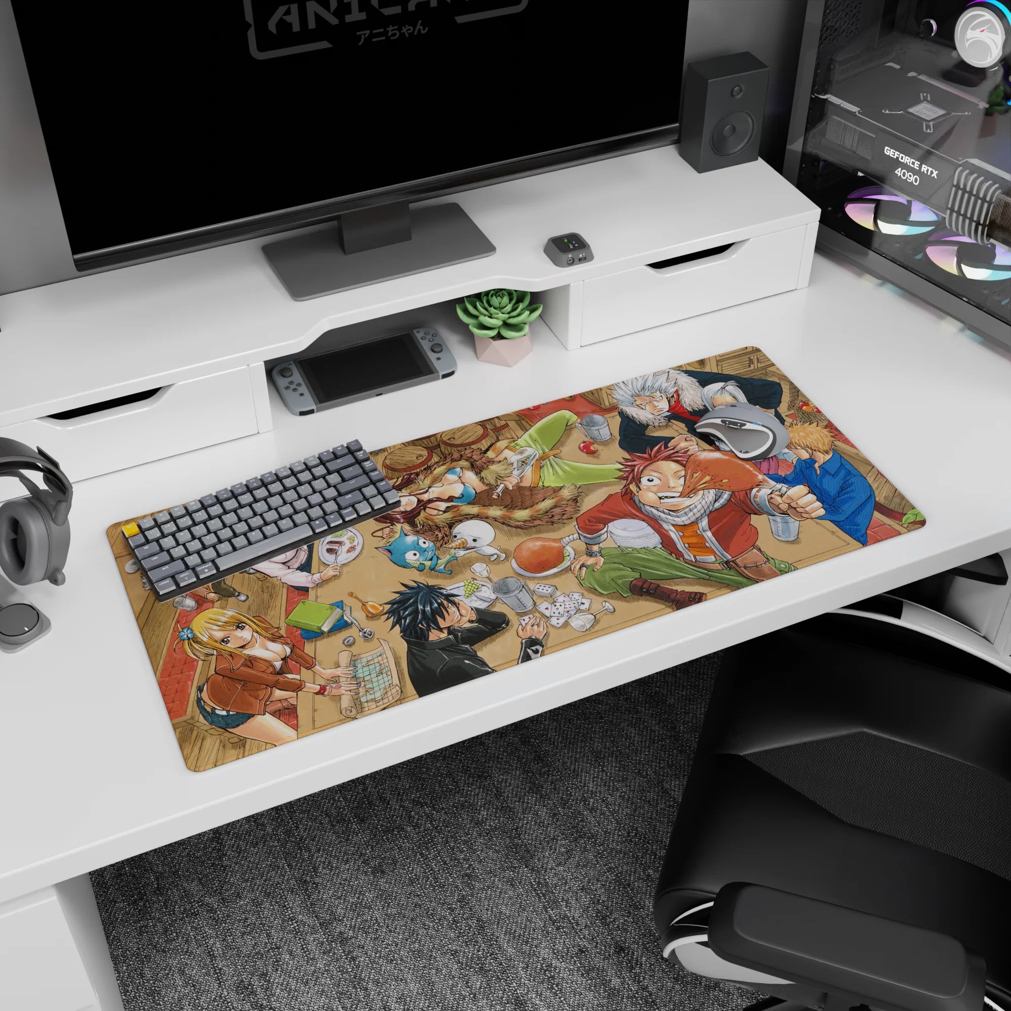 Natsu grinning with a turkey leg beside Lucy in a wooden tavern anime desk pad 36x16 inches.
