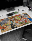 Natsu with a giant turkey leg and Lucy leaning in on a Fairy Tail desk pad 40x20 inches.