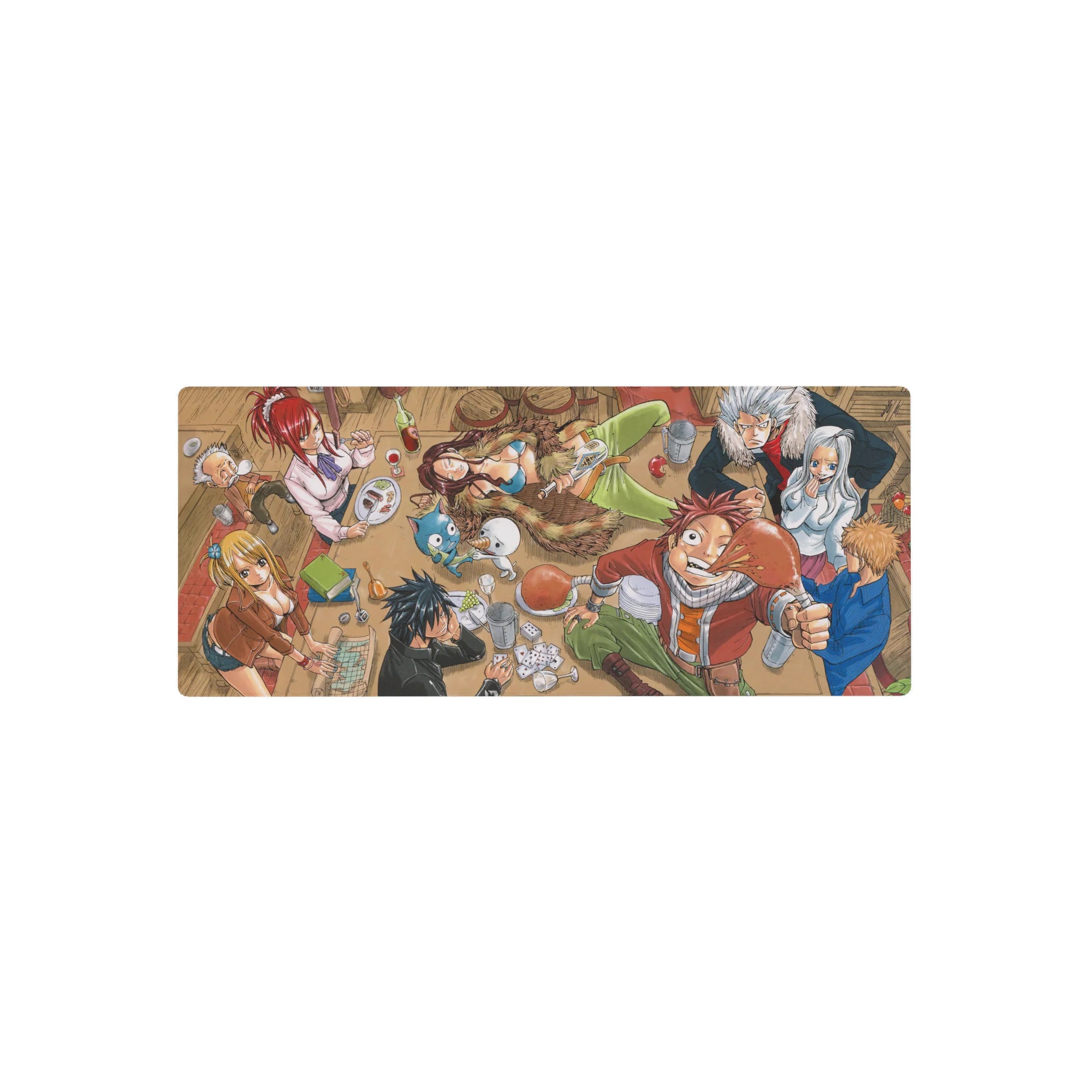 Fairy Tail tavern guild scene anime mouse pad 28x12 inches, Natsu, Lucy, Happy in cozy party pose.