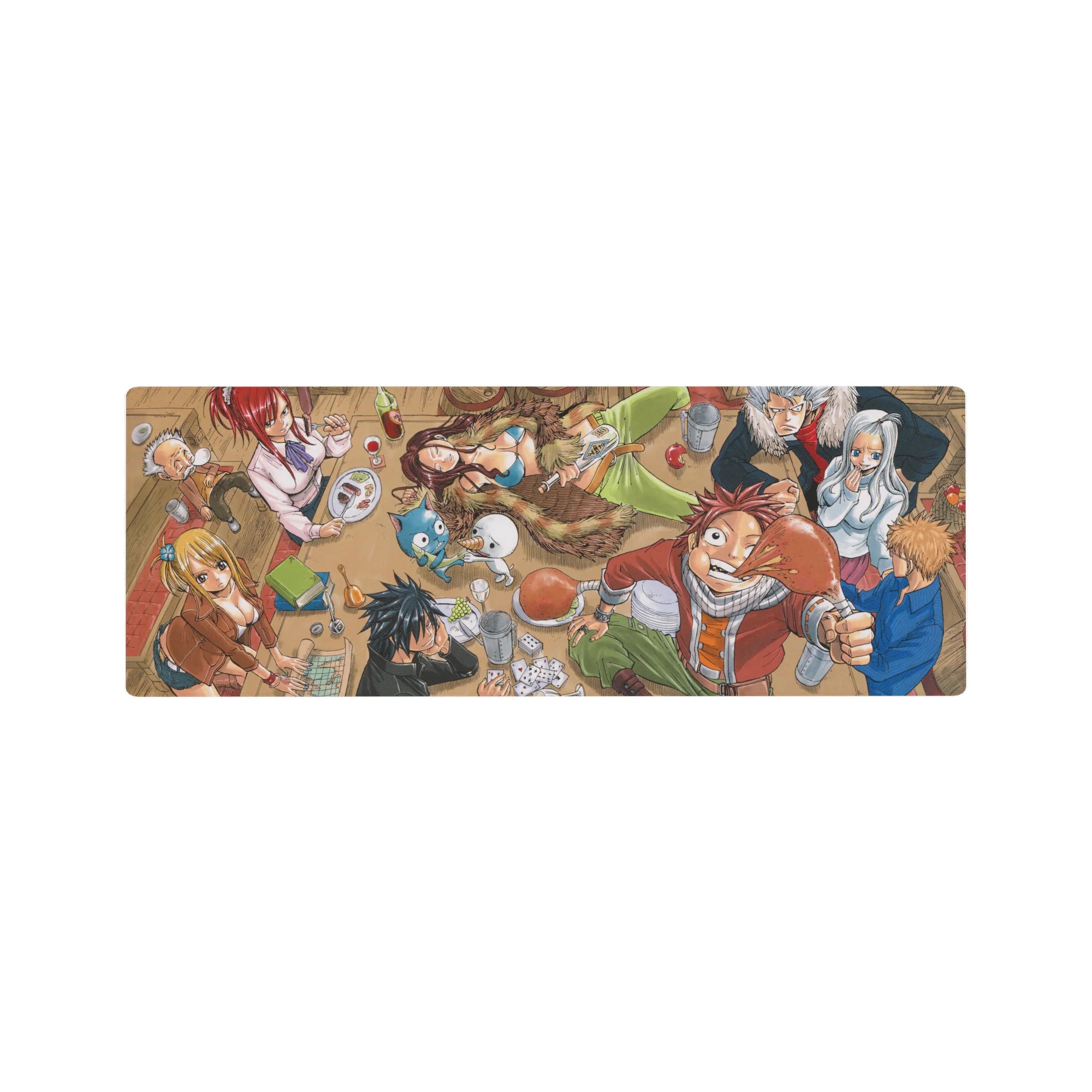 Fairy Tail tavern crew anime mouse pad 32x12 inches with Natsu, Lucy, and Happy in a busy guild feast.
