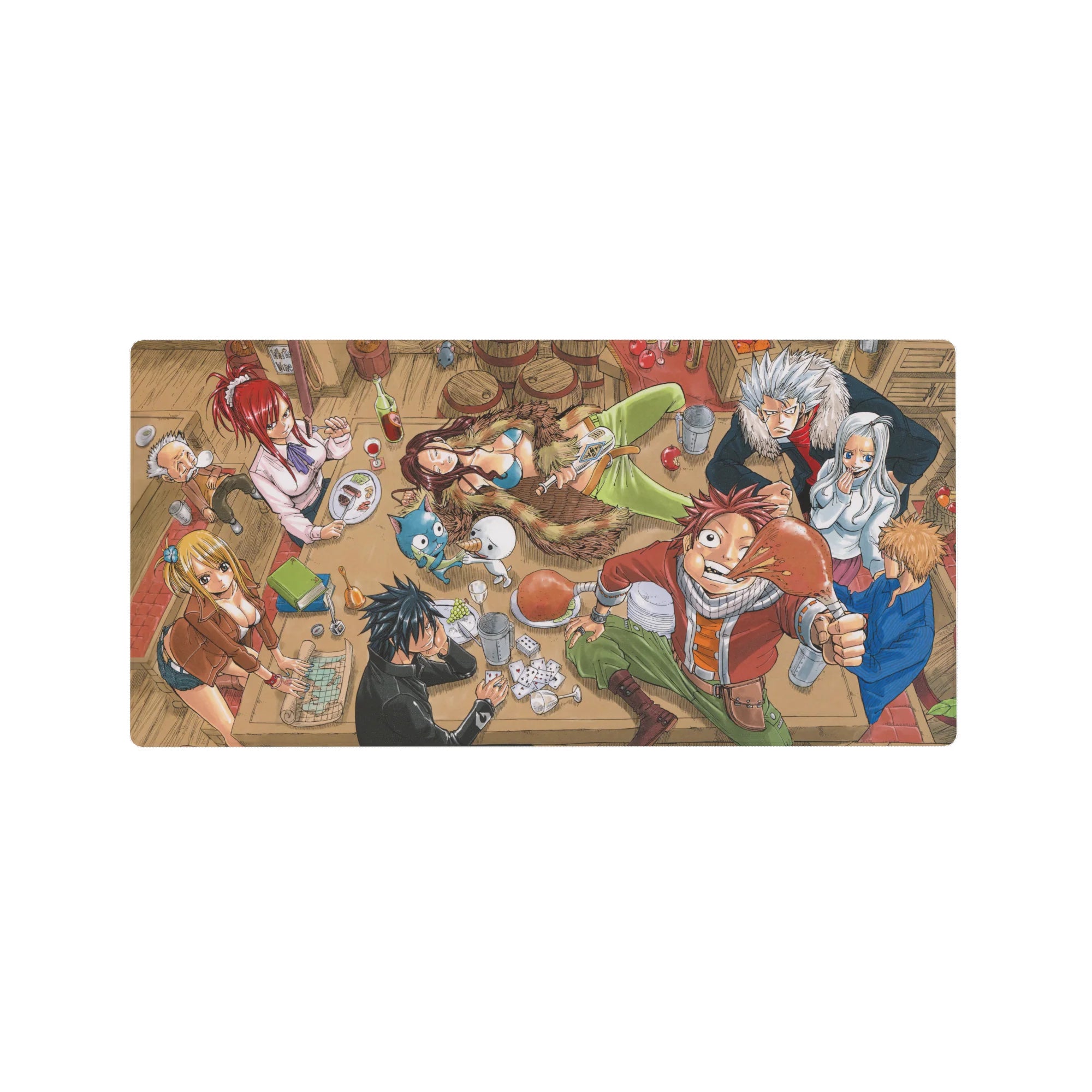 Fairy Tail tavern party anime mouse pad 32x16 inches with guild crew, mugs, and messy tables.