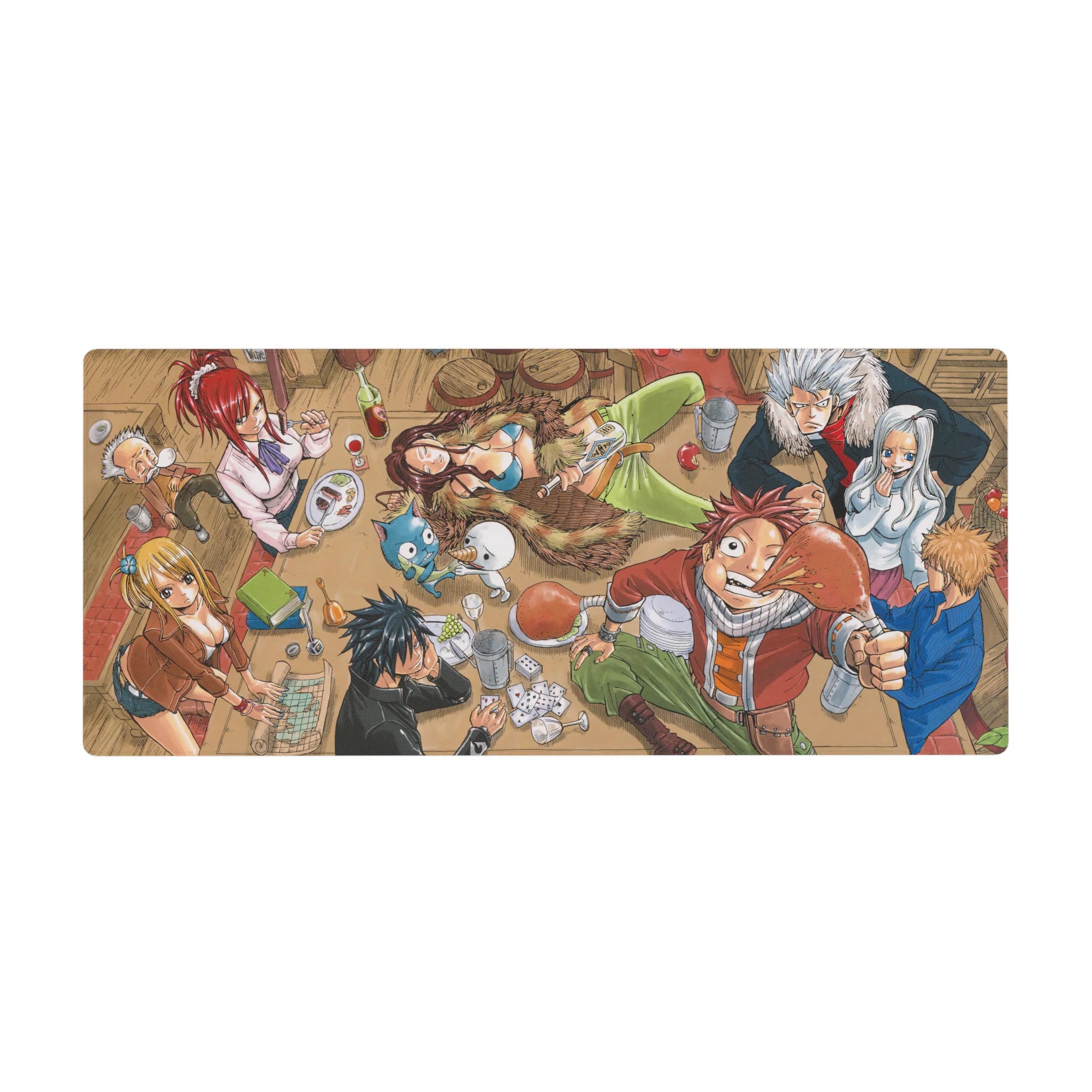 Fairy Tail tavern scene anime desk pad 36x16 inches with Natsu, Lucy, and Happy at a messy table.