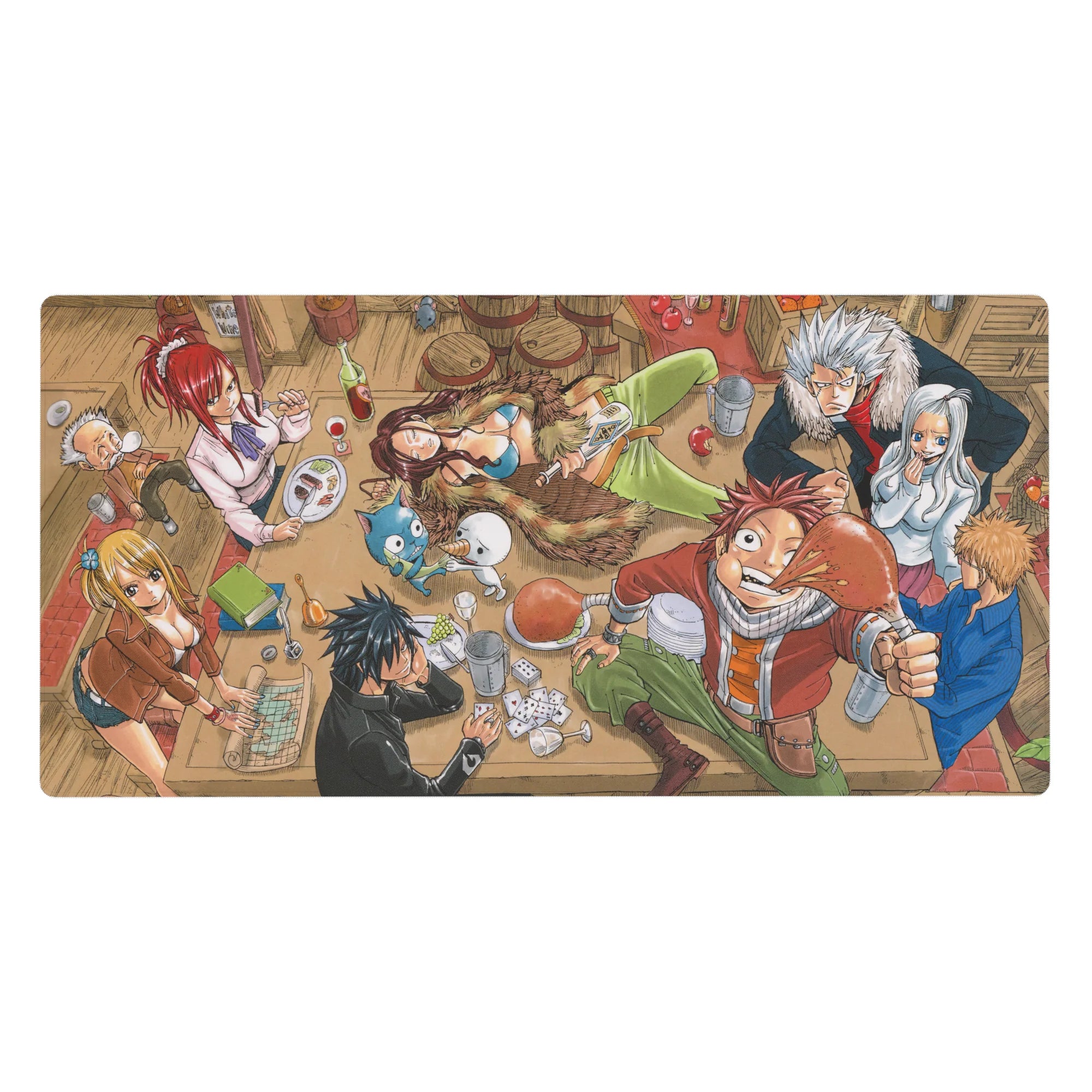 Fairy Tail tavern party anime desk pad 40x20 inches with guild crowd, mugs, and playful poses.