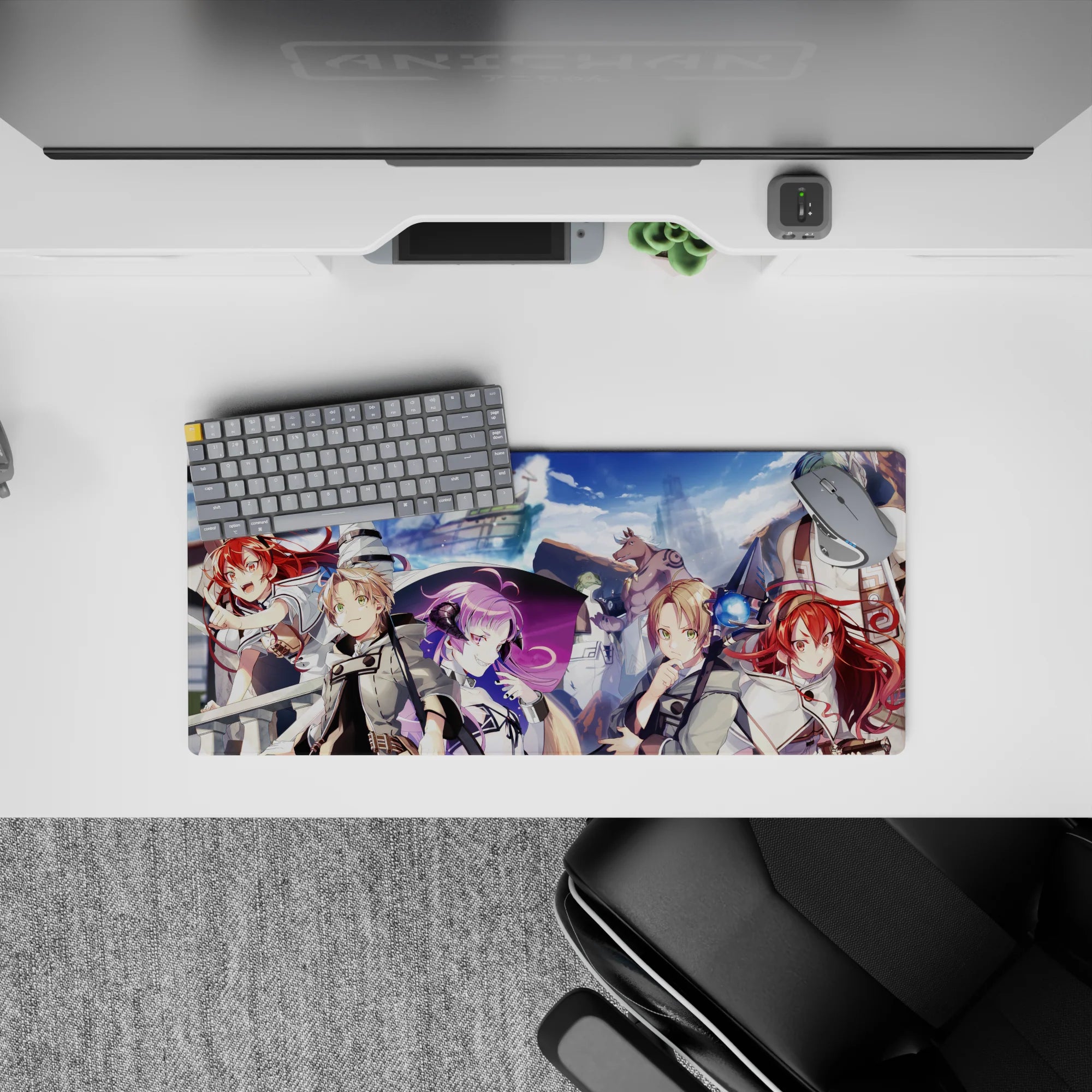 28x12 inches anime mouse pad in vivid sea blues, white cloaks, red hair, and a bold quest vibe.