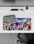 28x12 inches anime mouse pad in vivid sea blues, white cloaks, red hair, and a bold quest vibe.