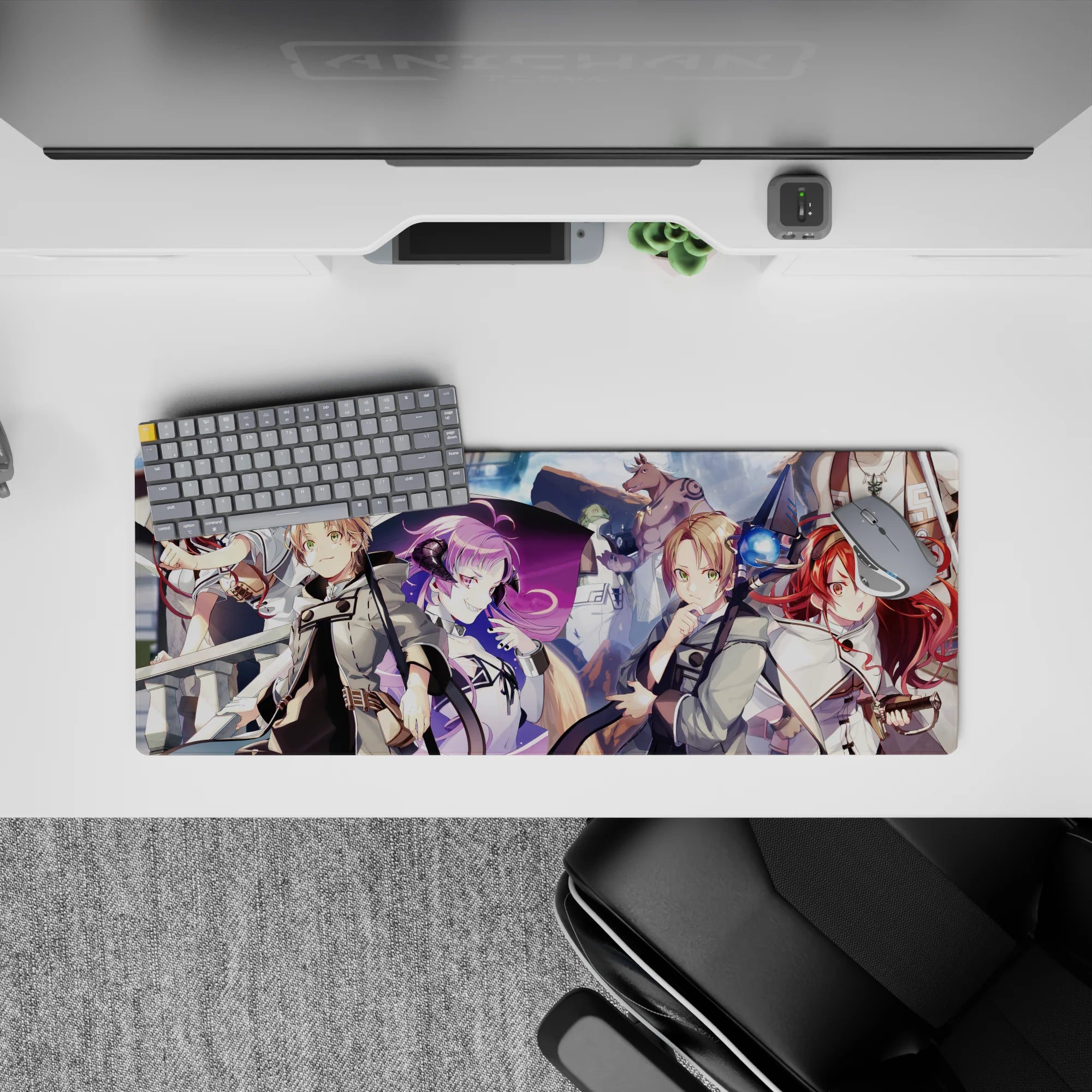 32x12 inches anime mouse pad in vivid sea blues, bright sky, and bold cloaks, adventurous quest vibe.