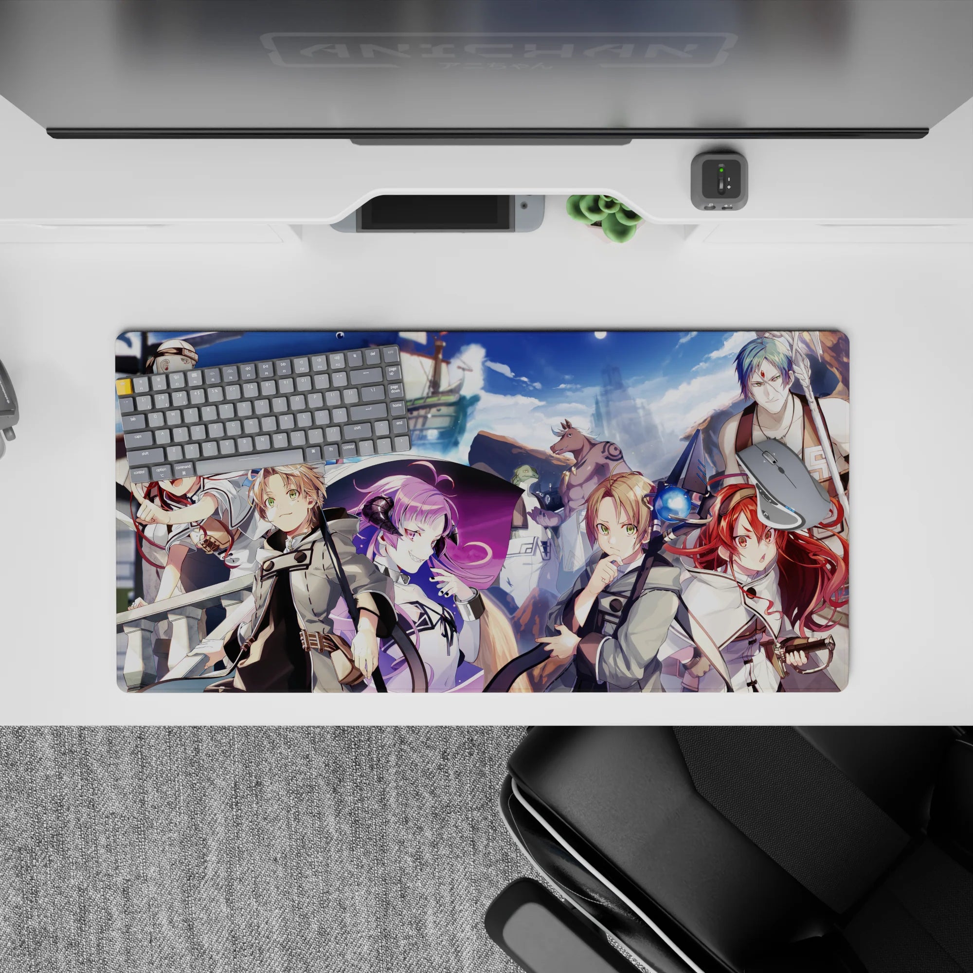 32x16 inches anime mouse pad in vivid sea blues and white cloaks, windswept adventure mood, crisp lines.
