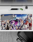 32x16 inches anime mouse pad in vivid sea blues and white cloaks, windswept adventure mood, crisp lines.