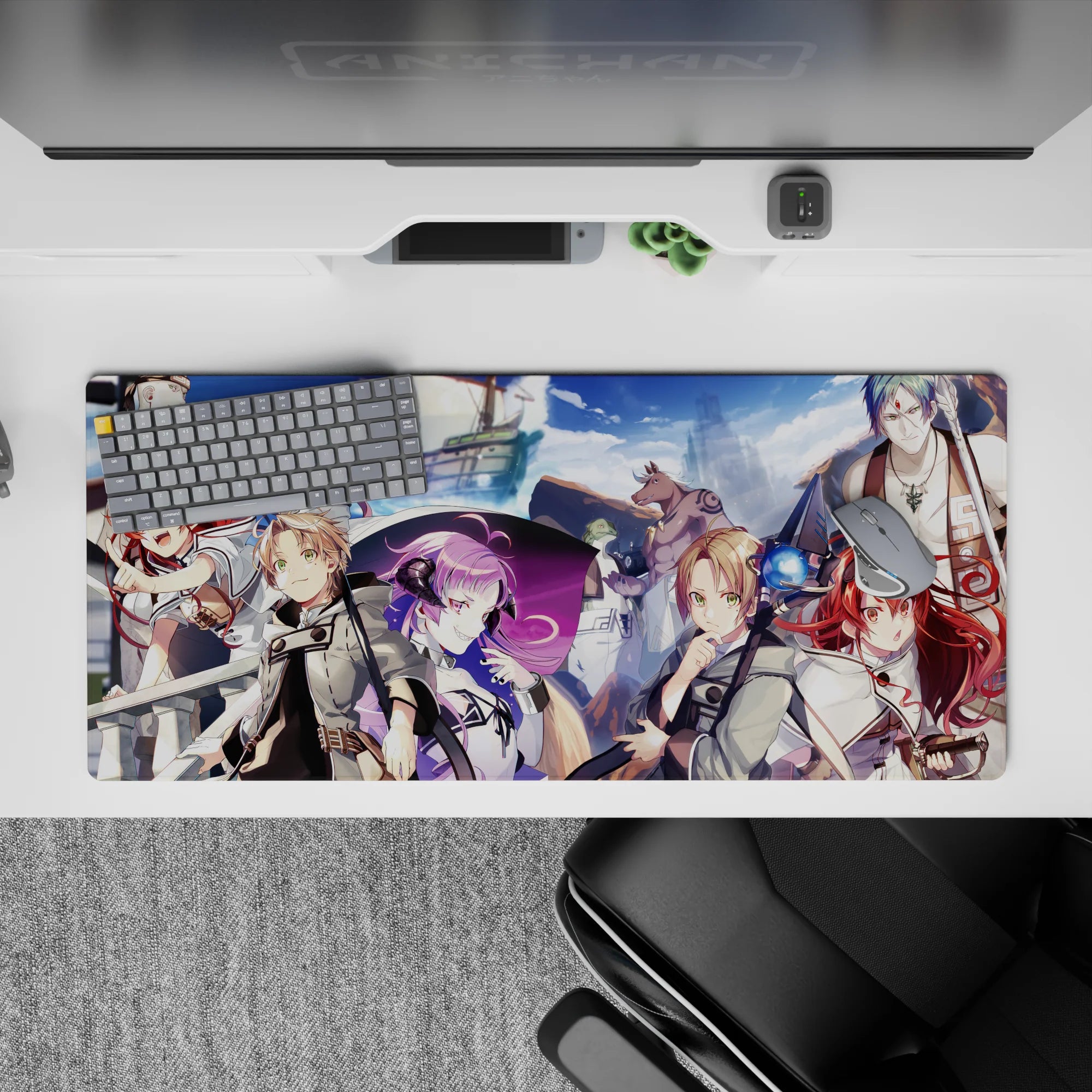 Vivid blue sea and sky desk pad 36x16 inches, bright anime adventurers, crisp clouds, bold contrast.