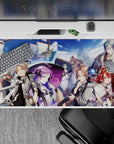 Vivid blue-sky anime desk pad 40x20 inches, crisp clouds, sea tones, red hair and violet cape energy.