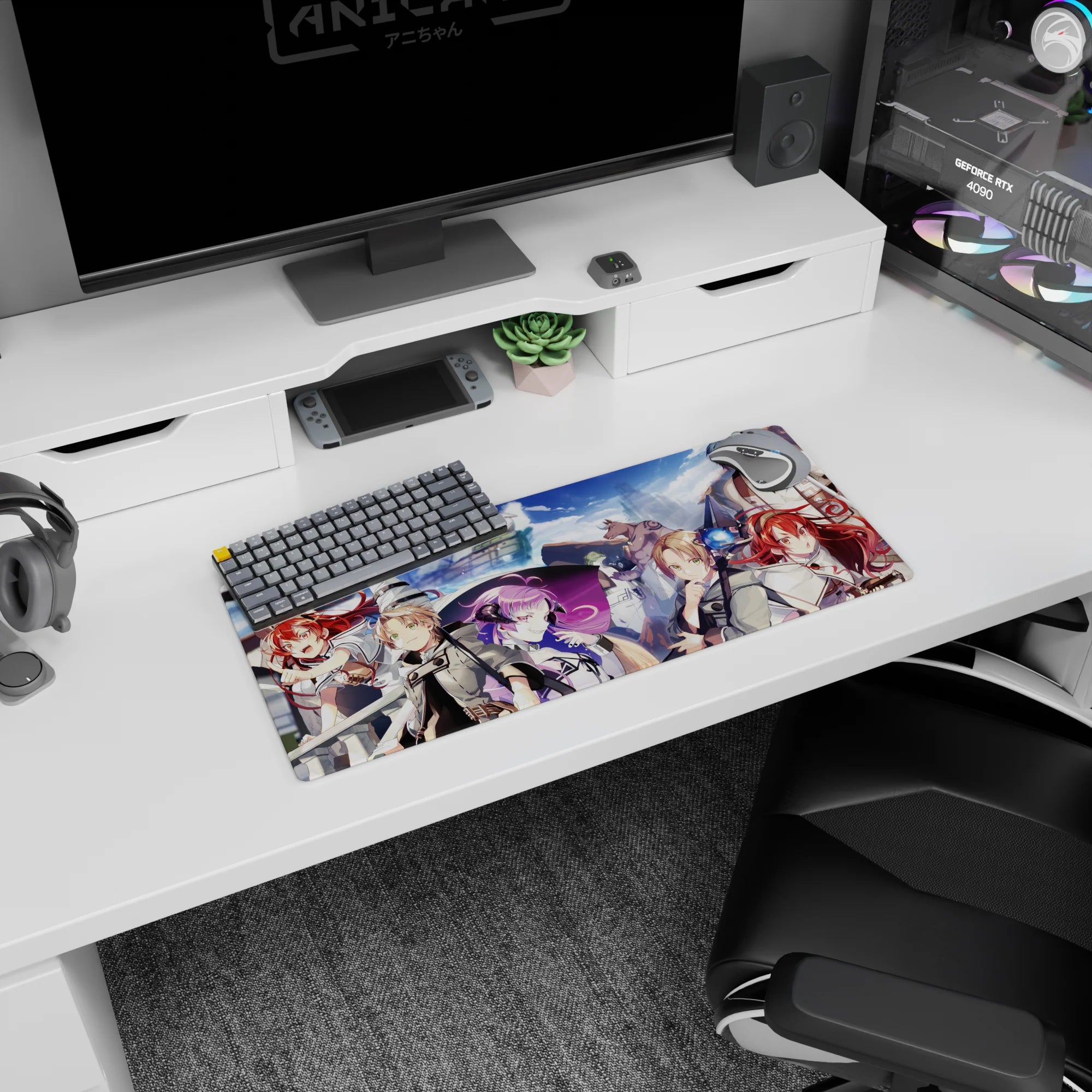 28x12 inches anime mouse pad featuring a violet-haired mage and green-eyed swordsmen at sea.