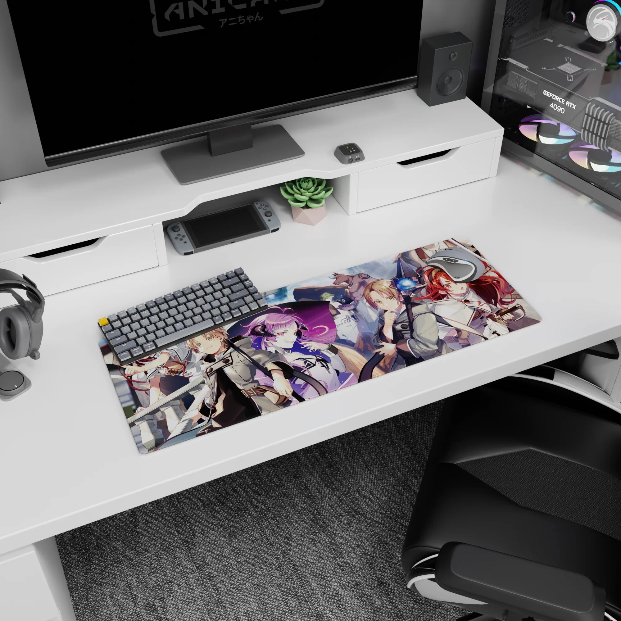 32x12 inches anime mouse pad showing red-haired swordsman and violet-haired mage on deck by the horizon.