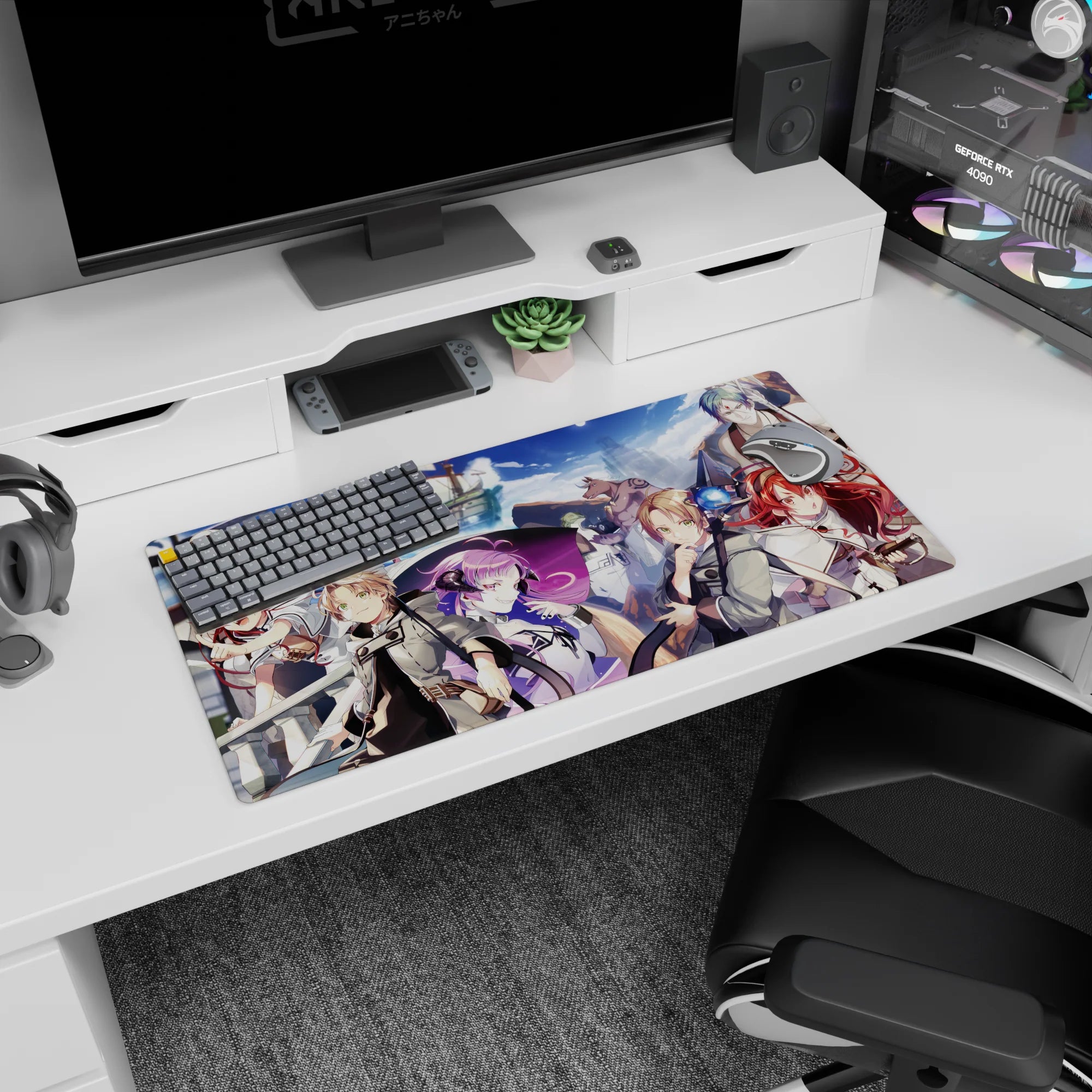 32x16 inches anime mouse pad with red-haired swordsman and violet-haired mage, capes flying by the sea.