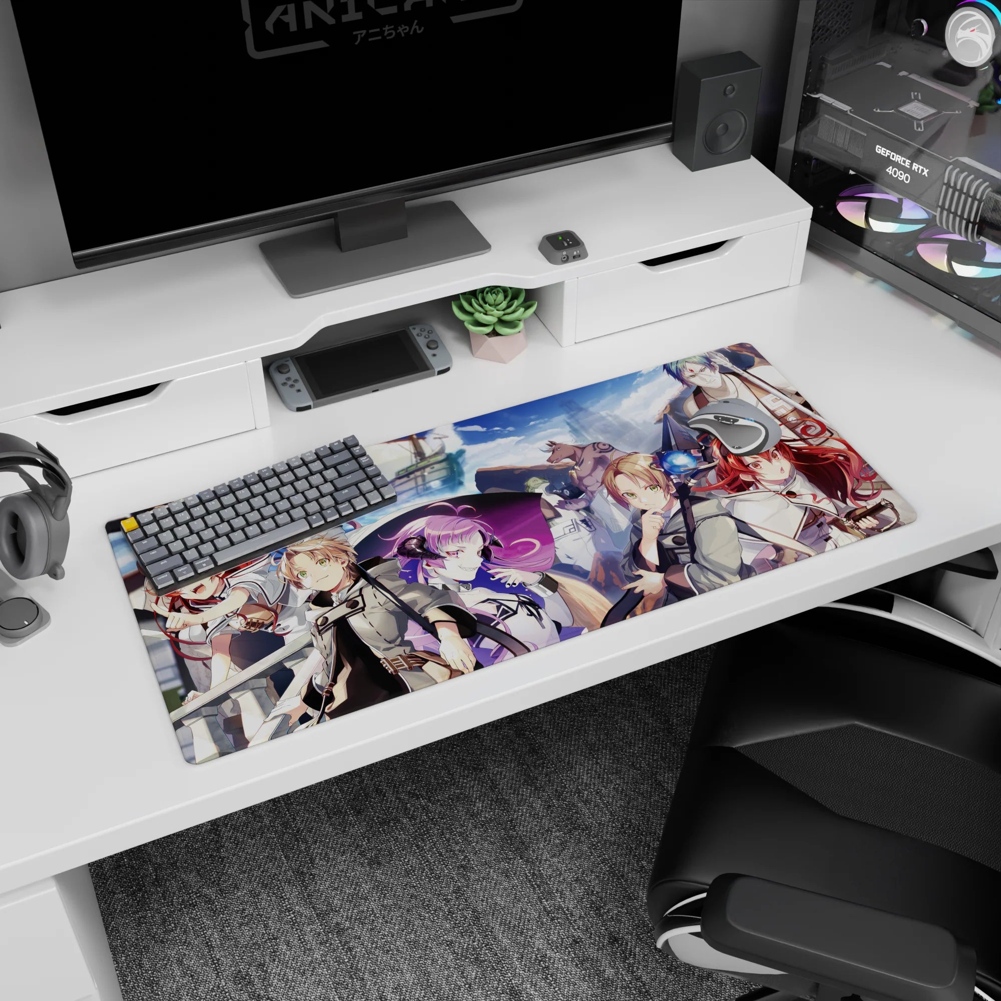 Anime desk pad 36x16 inches showing red-haired swordswoman and violet-haired mage on a tall ship.