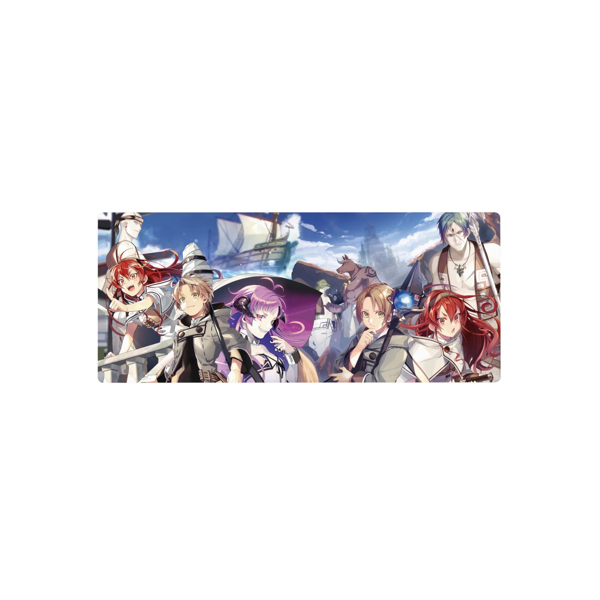 28x12 inches anime mouse pad with fantasy crew on a tall ship under blue sky and crisp clouds.