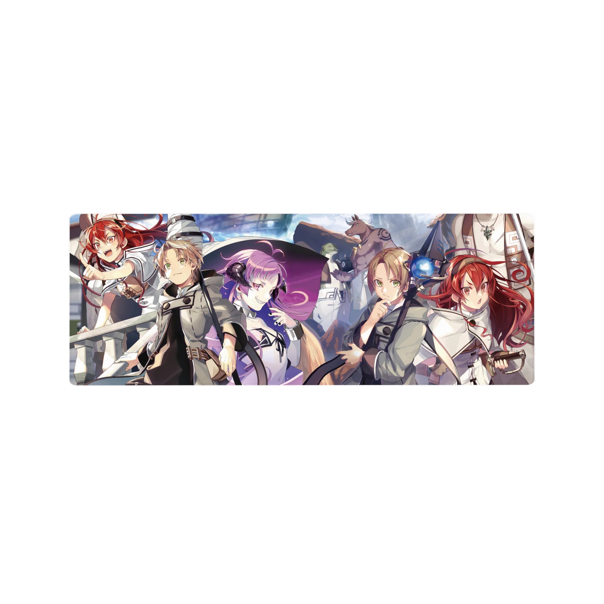 32x12 inches anime mouse pad with fantasy crew on a ship under blue sky, crisp clouds, and sea horizon.