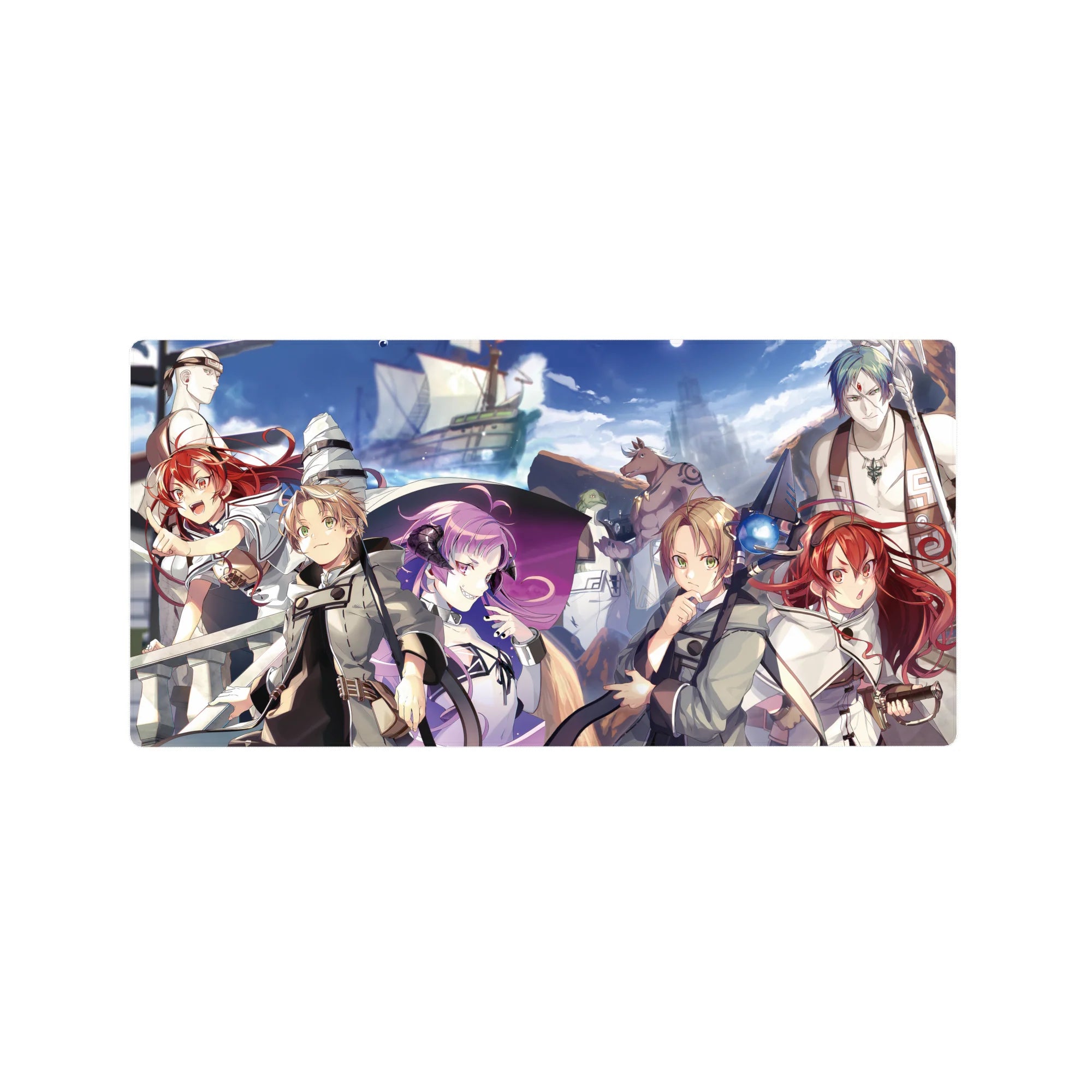 32x16 inches anime mouse pad with fantasy crew on deck, tall ship on horizon, bright sky and clouds.