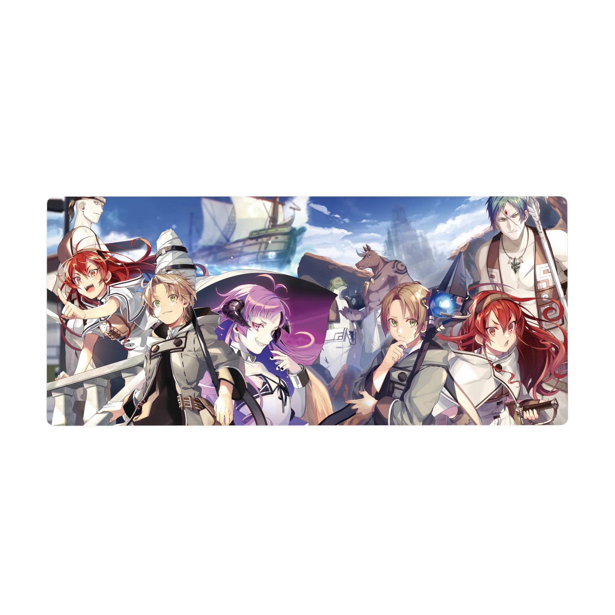 Anime desk pad 36x16 inches with fantasy crew on a ship under blue sky and clouds, ocean horizon.