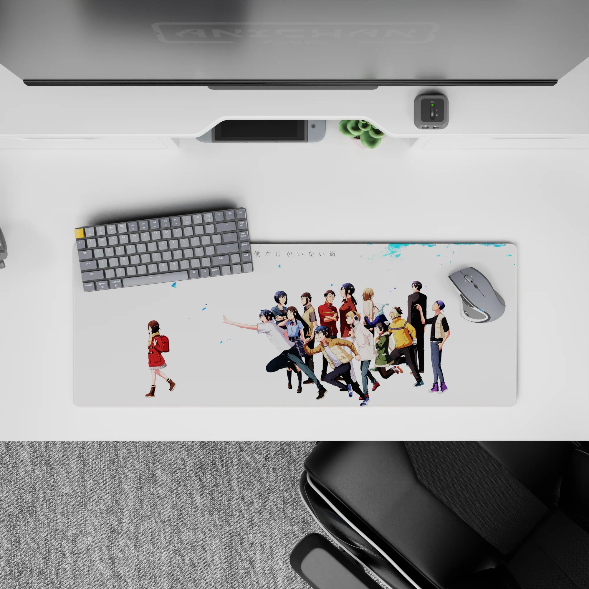 White and blue Erased anime mouse pad 32x12 inches with a quiet winter mood and heartfelt scene.