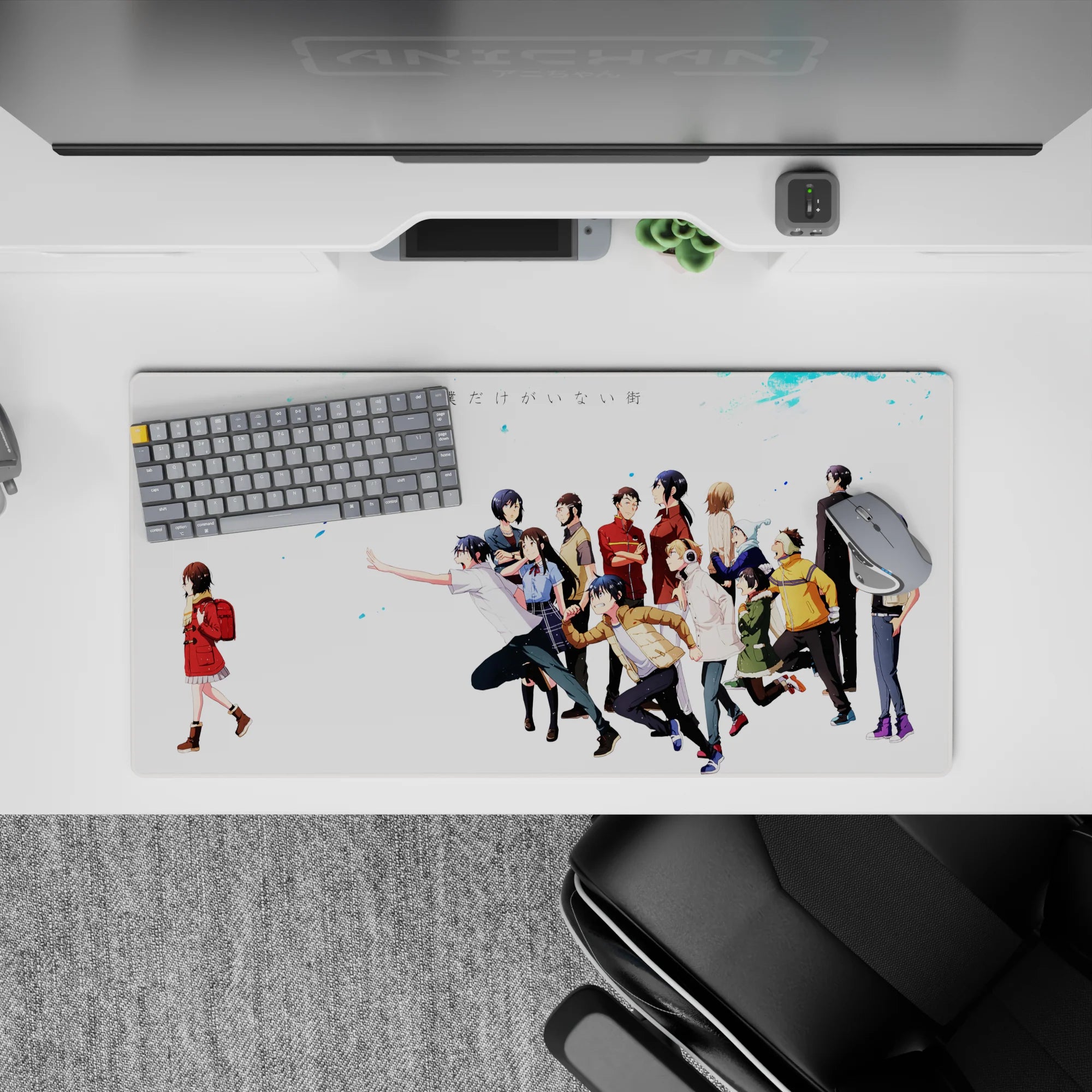 White and blue Erased anime mouse pad 32x16 inches with a quiet, nostalgic winter mood.