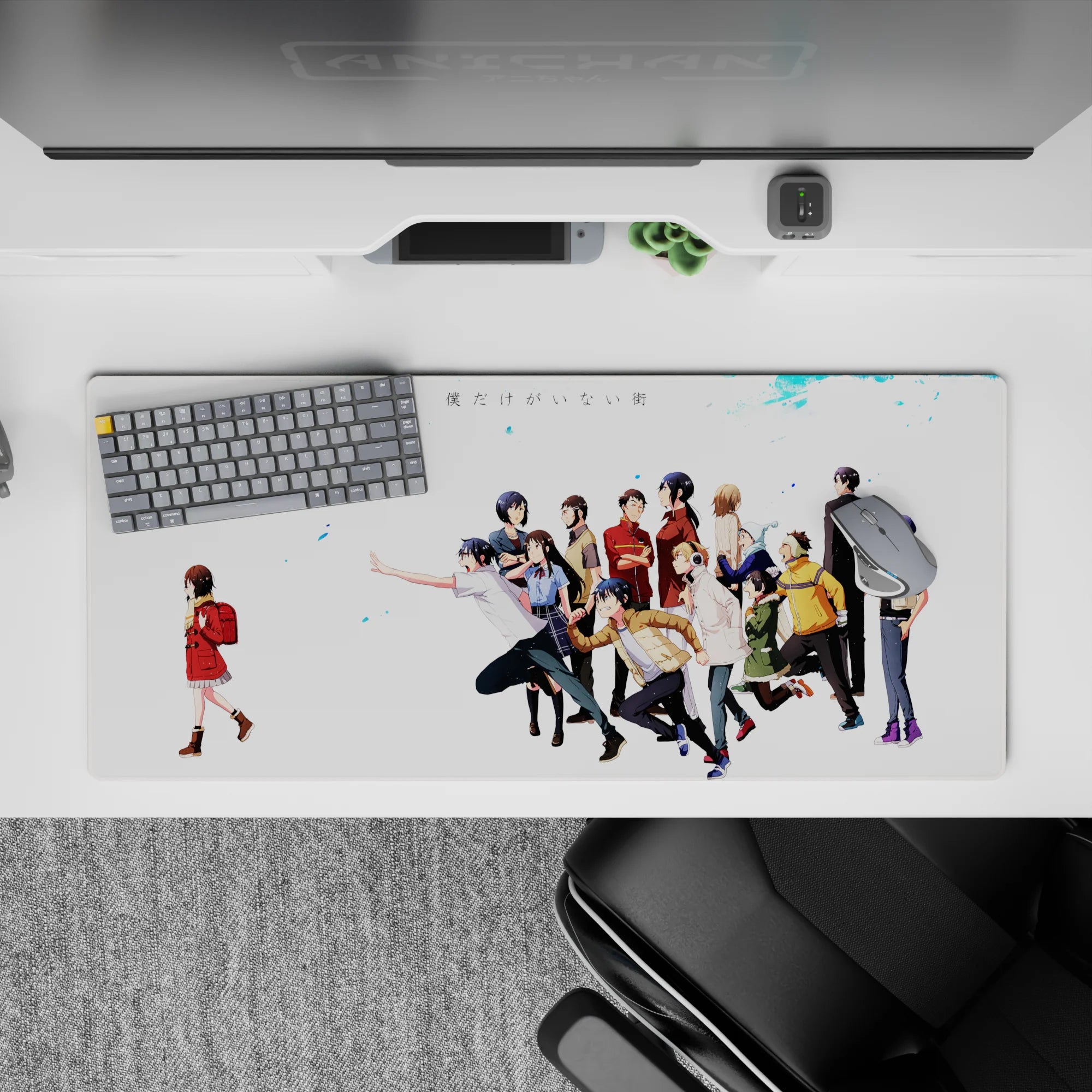 White and blue anime desk pad 36x16 inches with a quiet winter mood and heartfelt Erased-style scene.