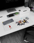 Kayo in a red coat walks alone on an Erased anime mouse pad 32x12 inches with friends behind her.