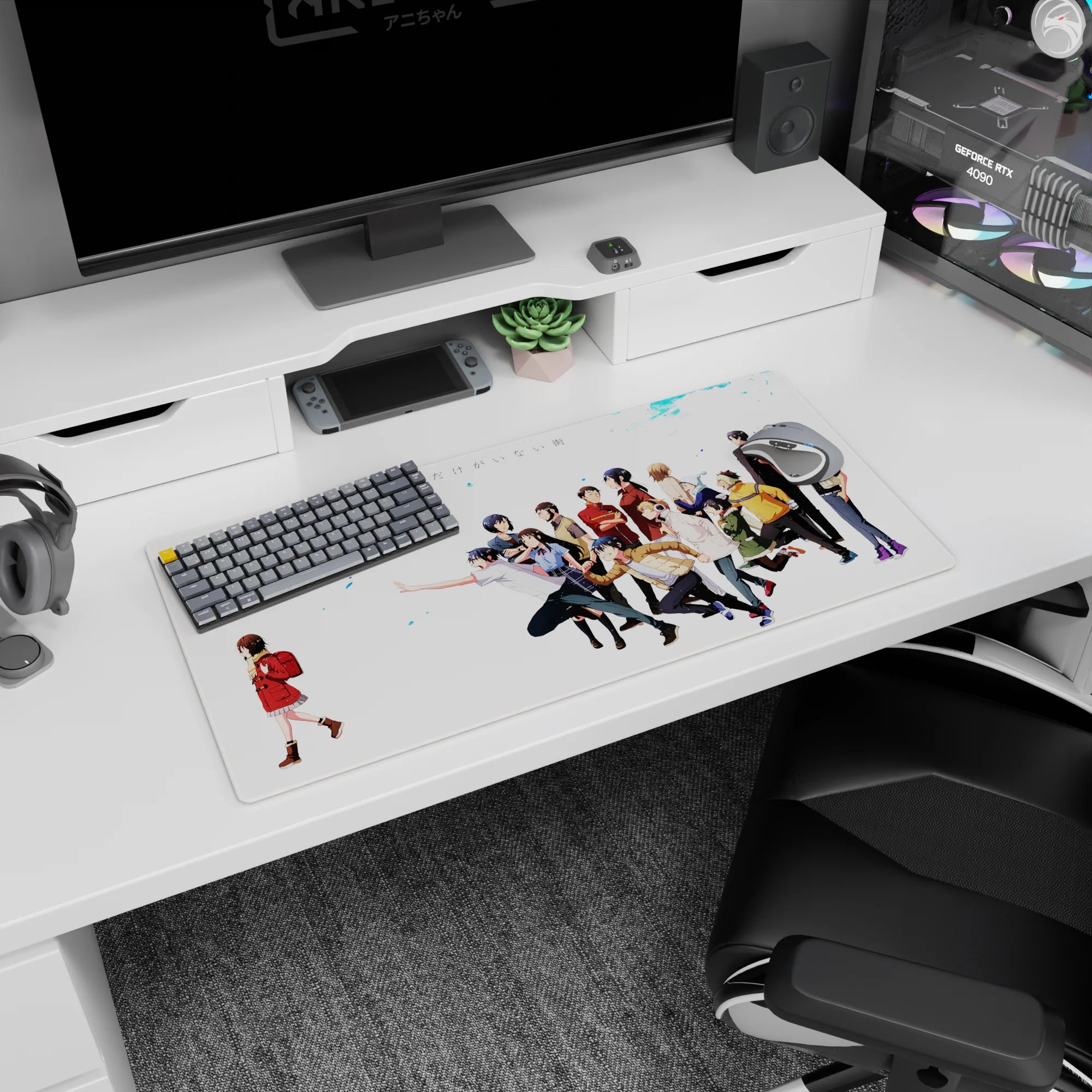 Kayo in a red coat walks alone on this Erased anime mouse pad 32x16 inches with friends behind her.