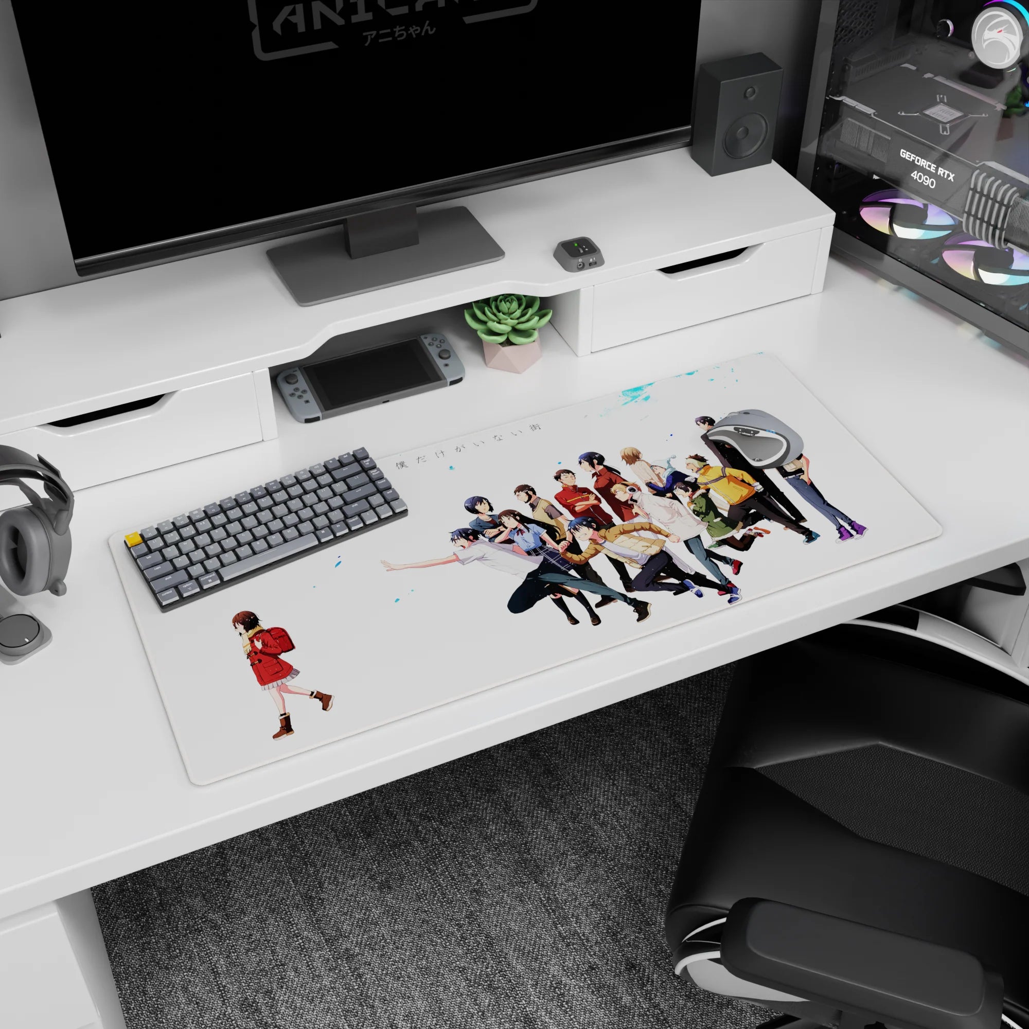 Kayo in a red coat walks ahead on this 36x16 inches anime desk pad as friends trail behind.